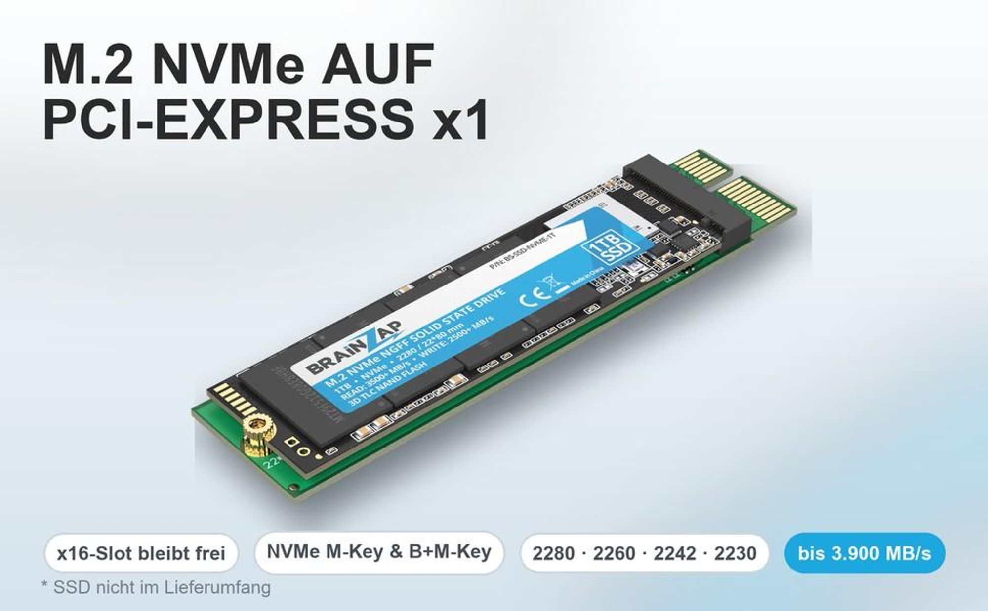 BRAINZAP M.2 M2 NVMe SSD zu PCI-E PCI-Express PCIe x1 Adapter Konverter Karte M, M+B Key