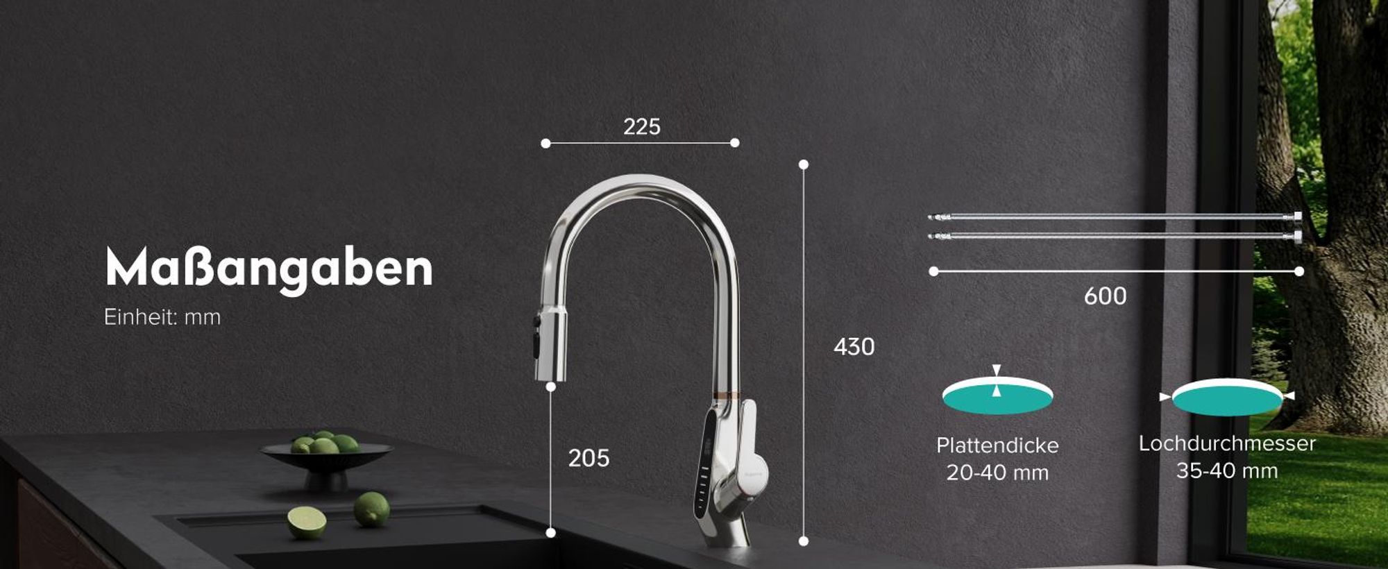 Mai & Mai Wasserhahn Küche Küchenamatur ausziehbar 360° drehbar 3 Wasserstrahl-Modi LED-Digitalanzeige Küchenwasserhahn Spültischarmatur Silber 8085