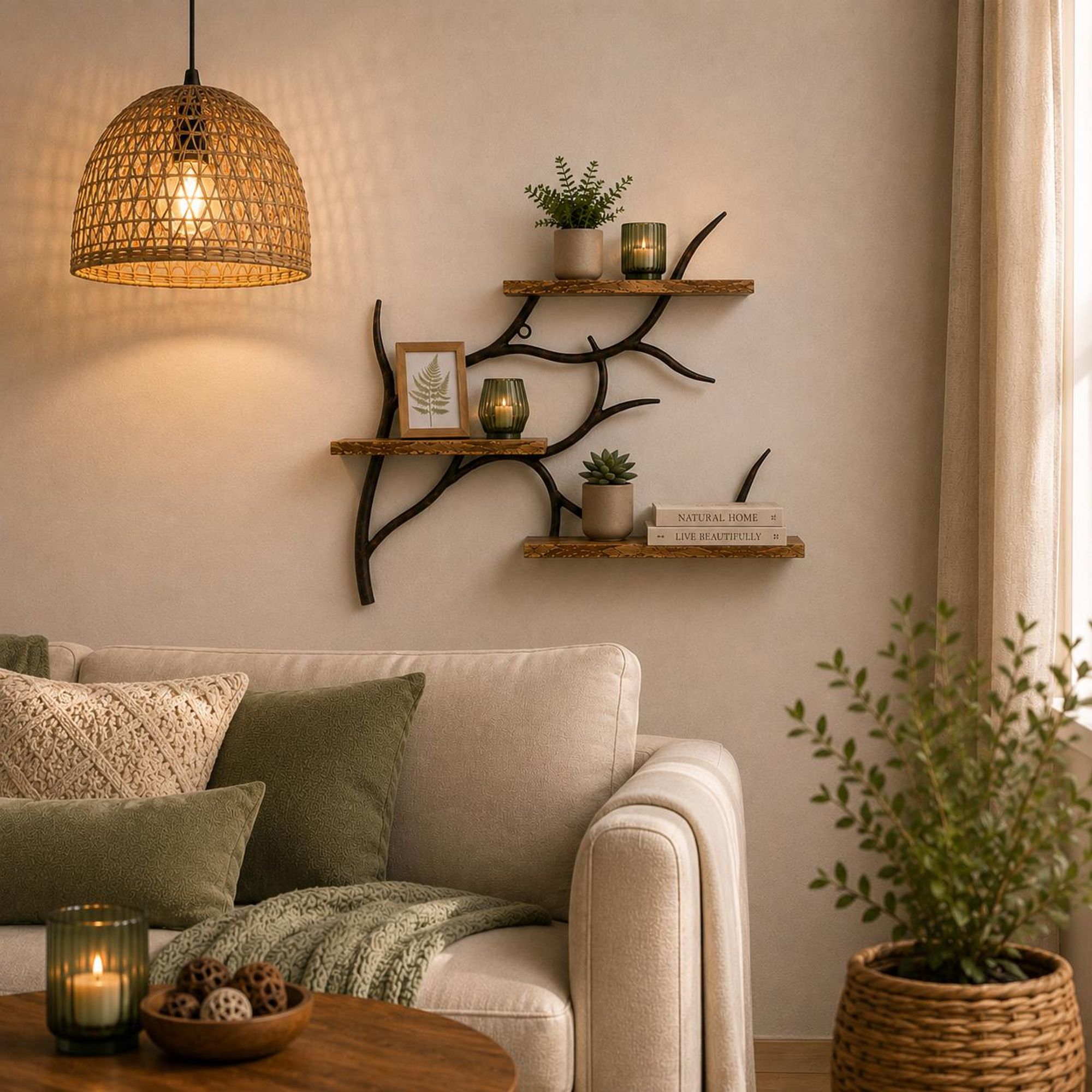 Kobolo Wandregal Ast Zweig 71x20x65 cm 3 Böden Hängeregal Bücherregal Regal Hängend Schweberegal Dekoregal Wandboard Holzregal Wandboard Fotohalter