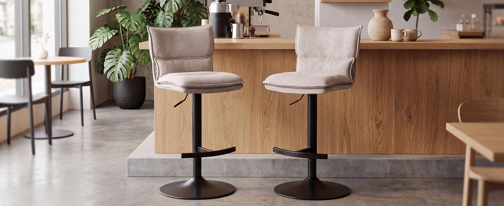 Duhome barkruk, set van 2, in hoogte verstelbaar, draaibaar, bekleed met bouclé, met voetsteun. Geschikt als keukenkruk voor bistro, bar of keuken, kleur: beige