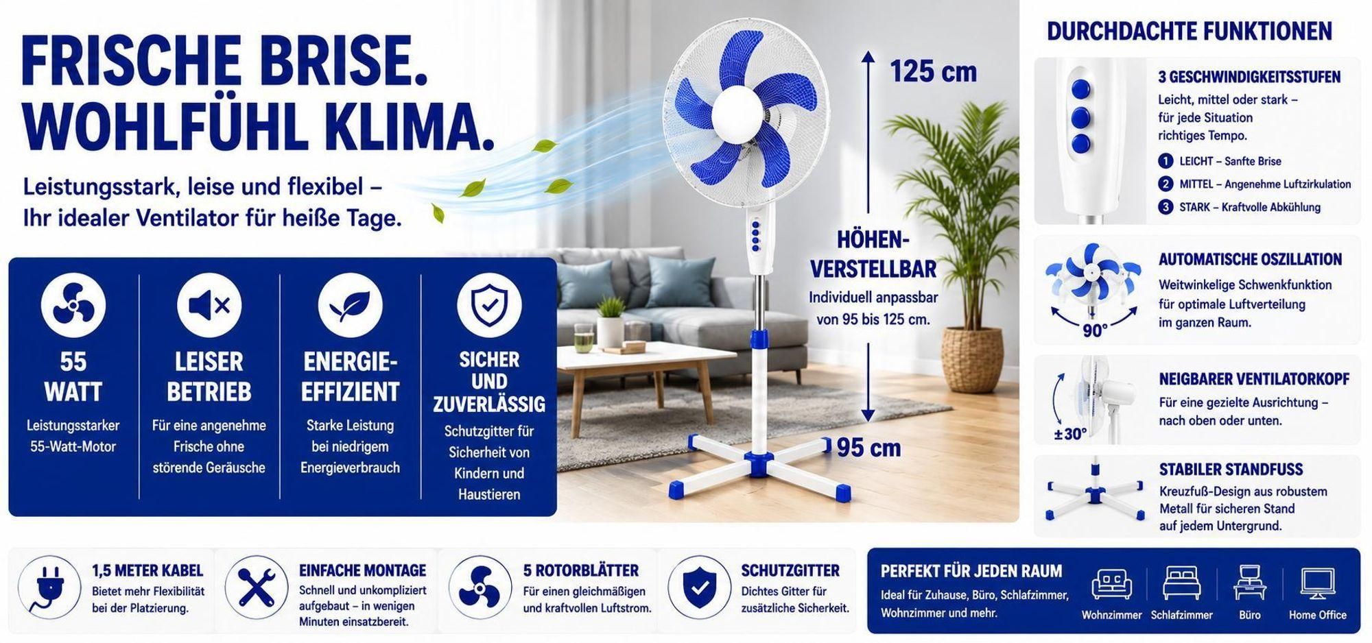 Standventilator 5 Rotorblätter Ventilator Luftkühler Standlüfter 3 Stufen Oszillation Neigbar & Leise 16" Zoll 40cm Blau Weiß