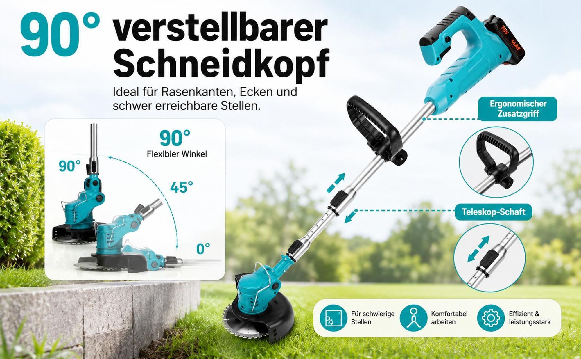 Akku-Rasentrimmer, Elektrischer Grasschneider, mit 2 Batterie und Ladegerät, 180° Trimmwinkel, Teleskop-Stiel & Zusatzhandgriff, Blau