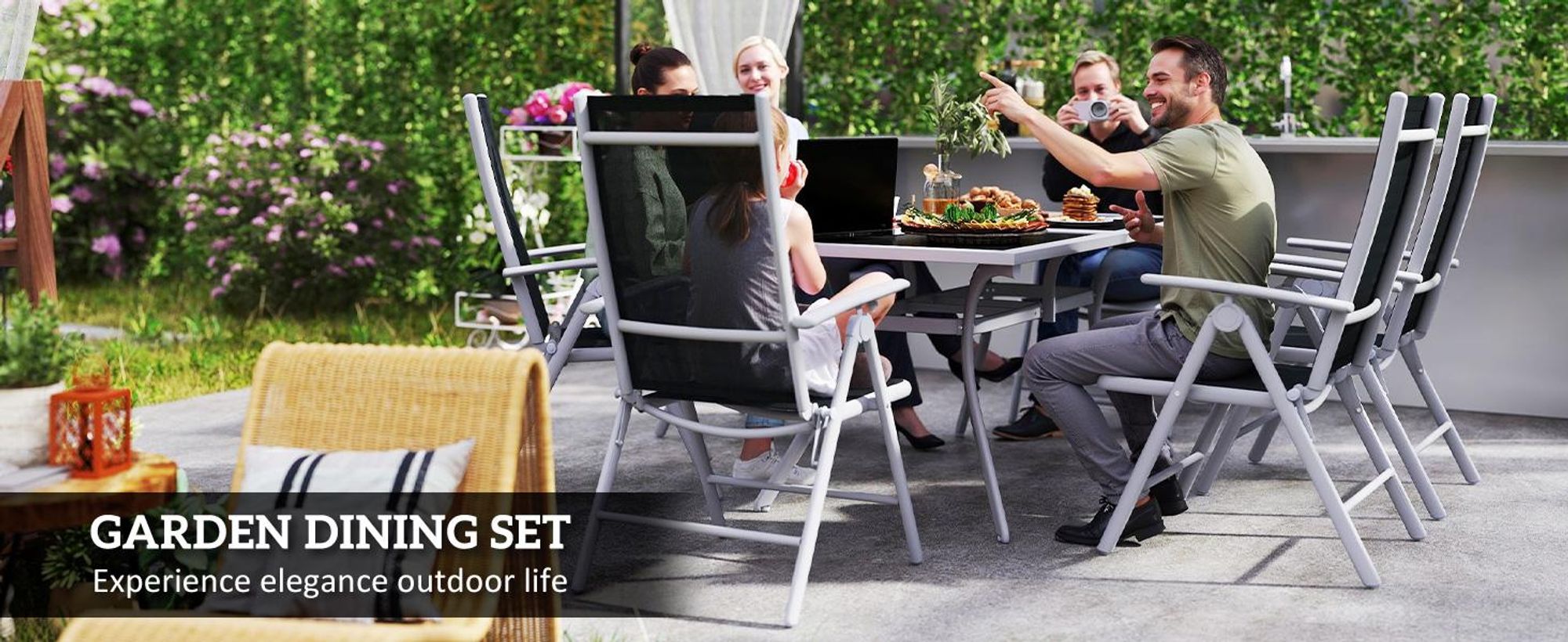 Zestaw mebli ogrodowych Outsunny - 7 elementów - aluminium - czarny - (stół) 160 l x 86 w x 72 h cm