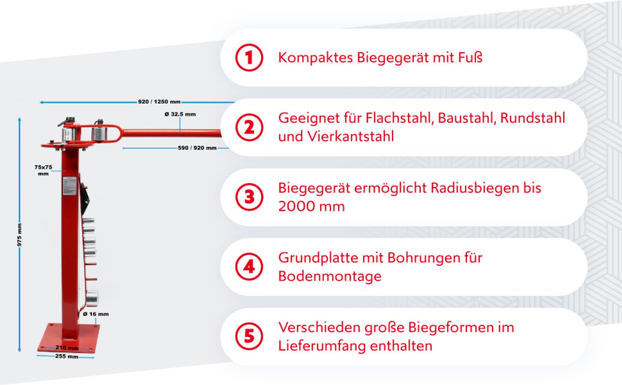Wiltec Kompaktes Biegegerät mit Fuß 1250 x 255 x 975 mm, Biegemaschine für Flachstahl, Baustahl, Rundstahl & Vierkantstahl mit 7 Matrizen 25,4-76,2 mm