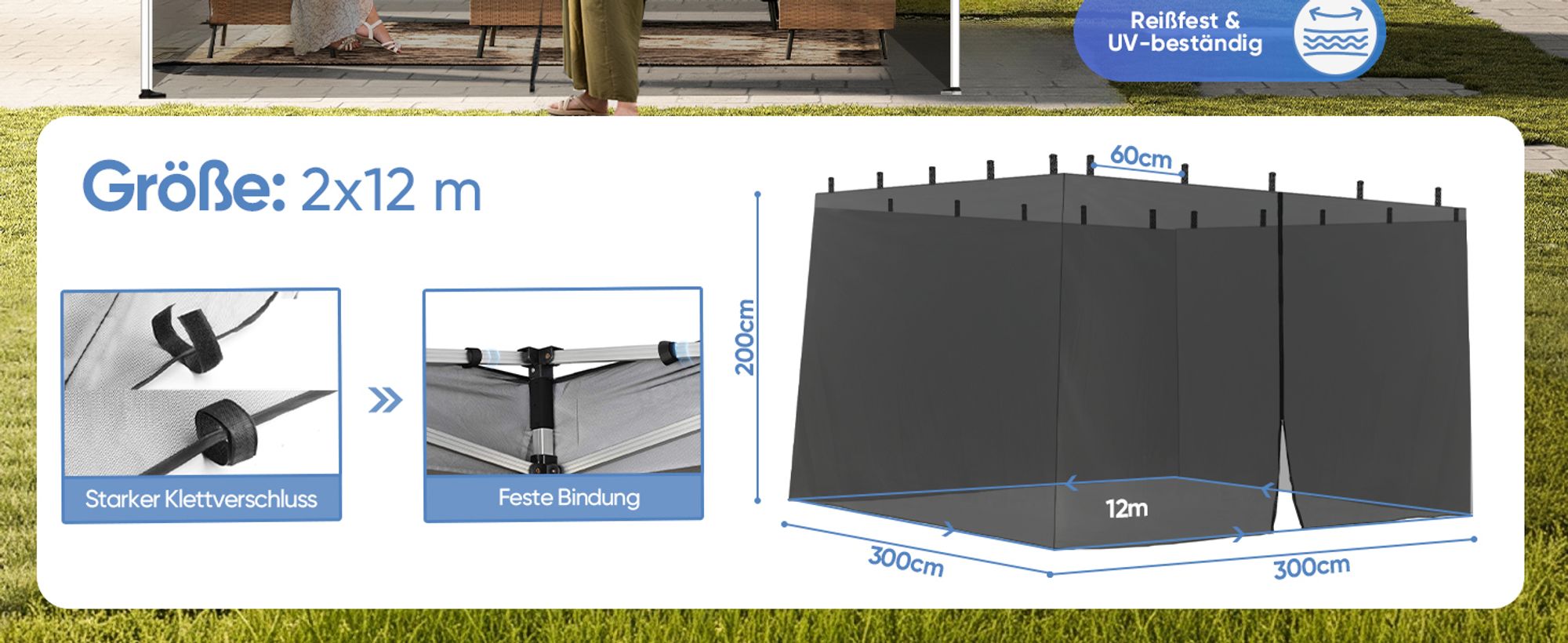 Sekey Moskitonetz für Pavillon 3x3 m – Insektenschutz mit Reißverschluss und Klettbändern, Schwarz, Ideal für Garten und Terrasse