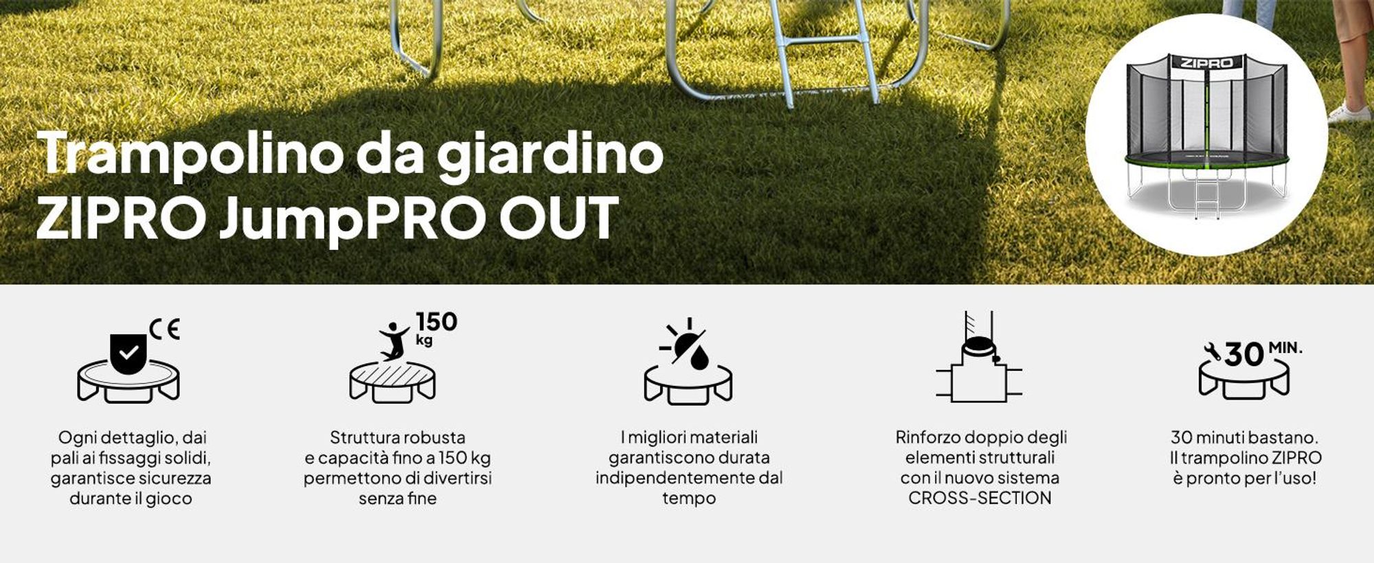 ZIPRO Trampolino Jump Pro Out | 10FT Ø 312 cm | Trampolino da giardino Trampolino per bambini Set completo incl. rete esterna, scaletta e copertura perimetrale, per esterni, verde