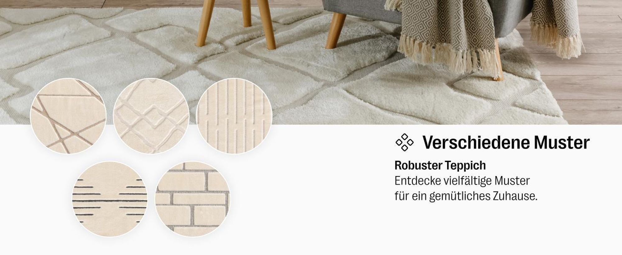 benuta Teppich Wohnzimmer Elvy Creme/Beige 140x200 cm Wohnzimmerteppich Rechteckig Muster Kurzflor Flauschig Weich