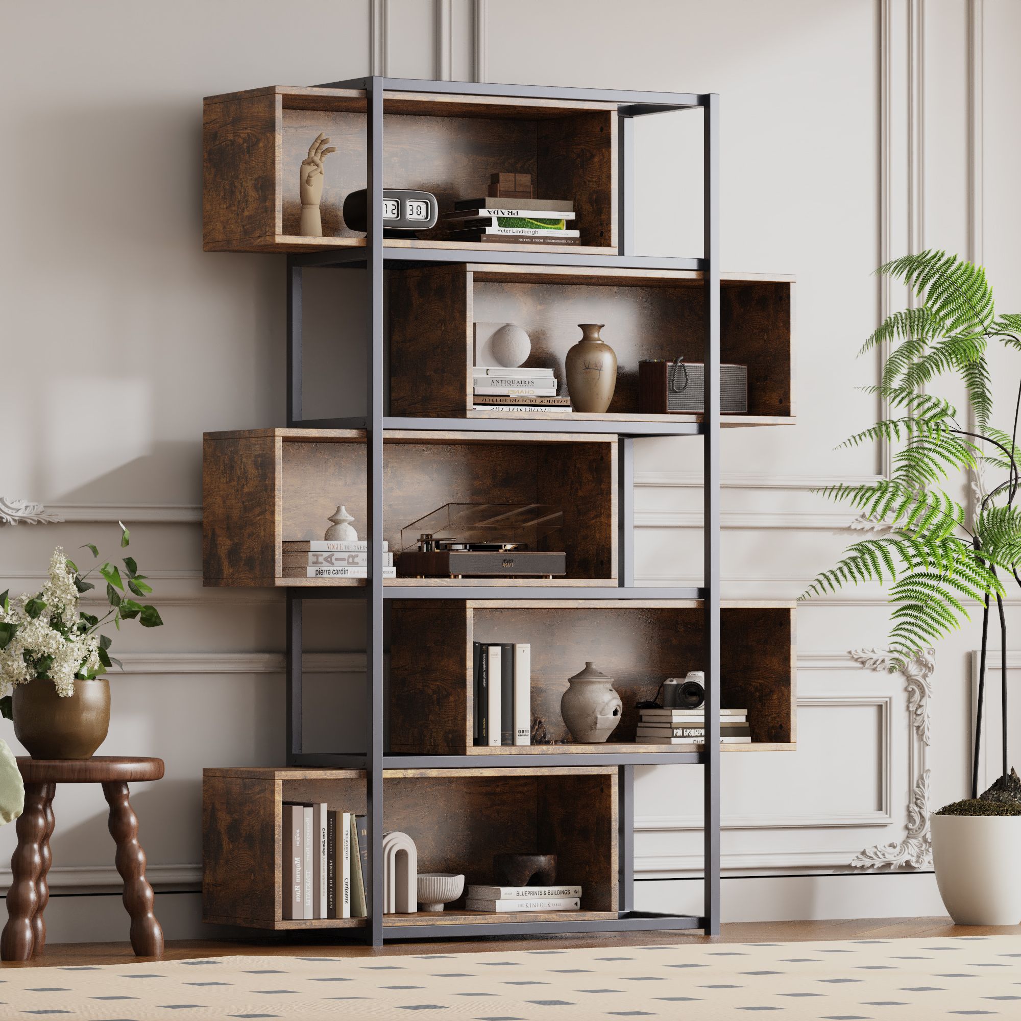 Flieks Bücherregal mit 5 Ebenen Vintage, industriell Lagerregal aus Holz, Standregal mit Stahlrahmen, freistehendes Regal für Wohnzimmer, braun