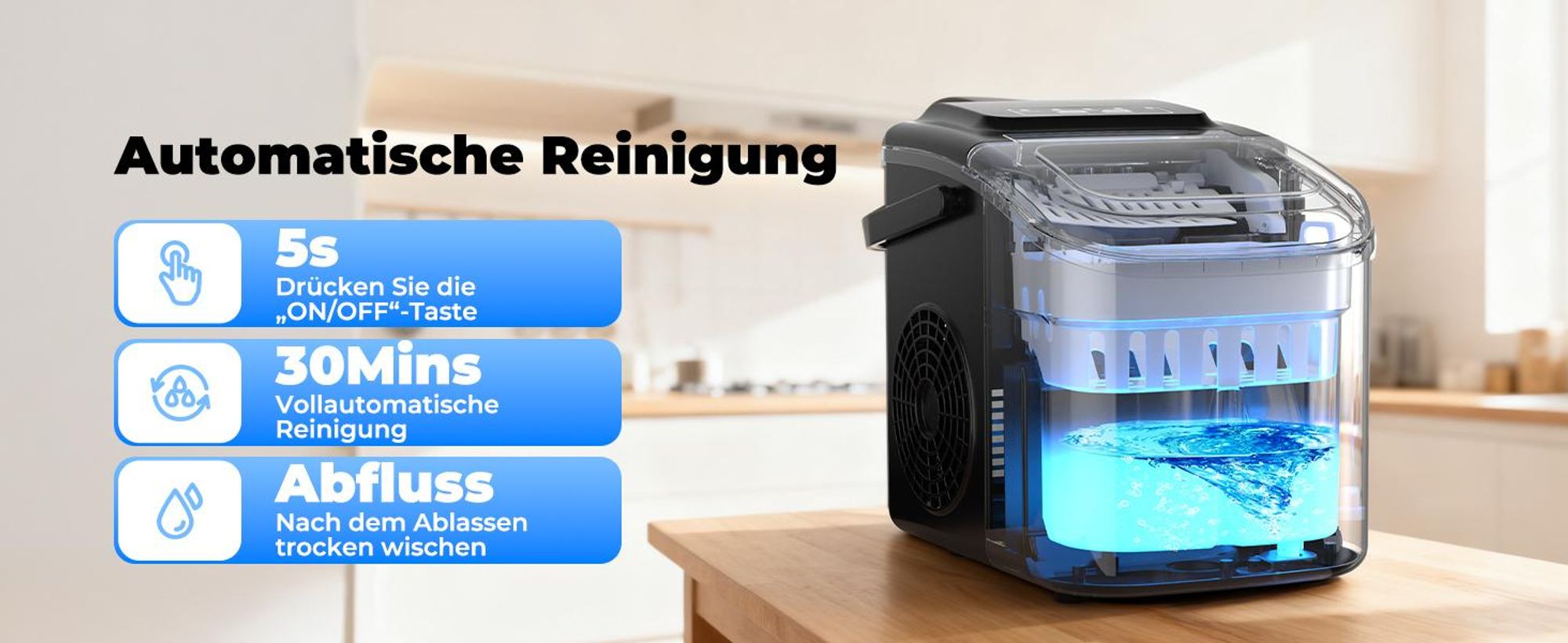 Eiswürfelmaschine, Eiswürfelbereiter, Ice Maker, 12KG/24H, 2 Eiswürfelgrößen, 1,2 L Tank, Selbstreinigende, mit Griff-Eiswürfelkorb/Schaufel