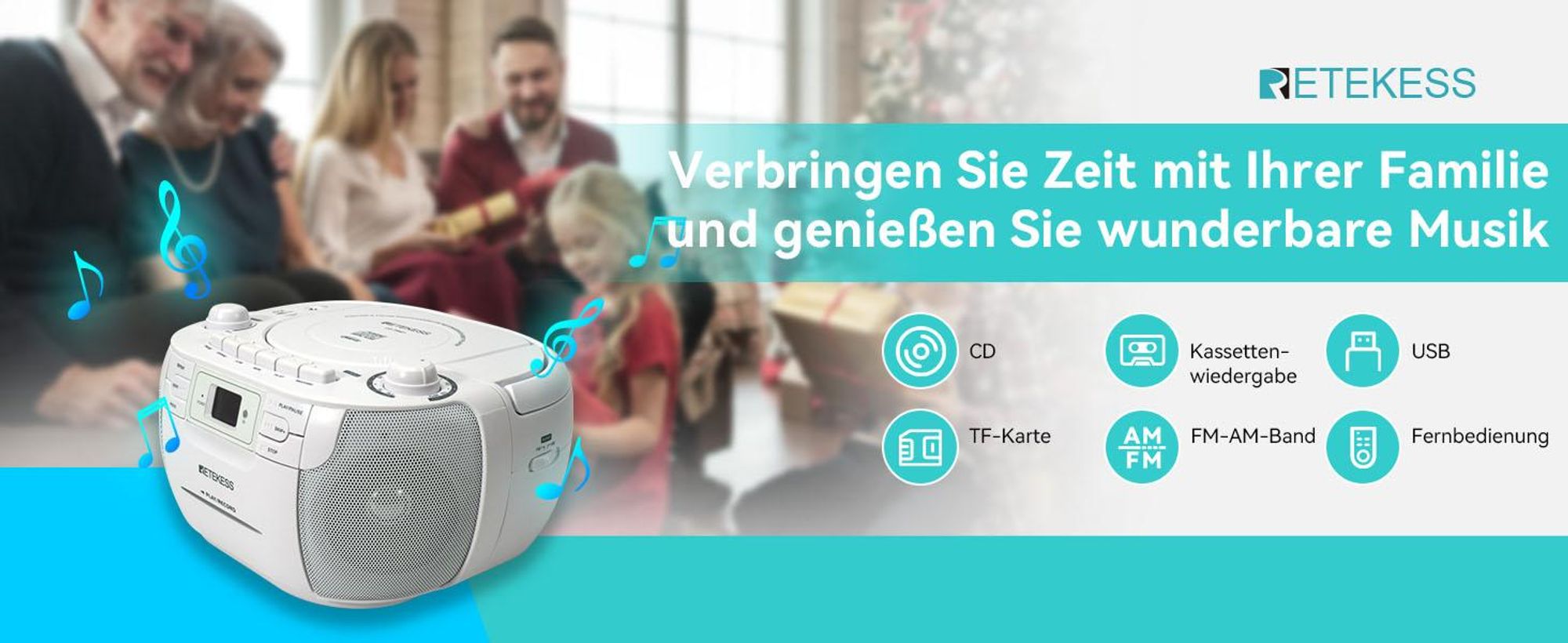 Retekess TR621 Tragbares CD Radio,Kassettenspieler CD,Stereo mit AM FM-Radio,Kassettenrekorder,Unterstützung von USB/TF/Kopfhörer, mit Fernbedienung