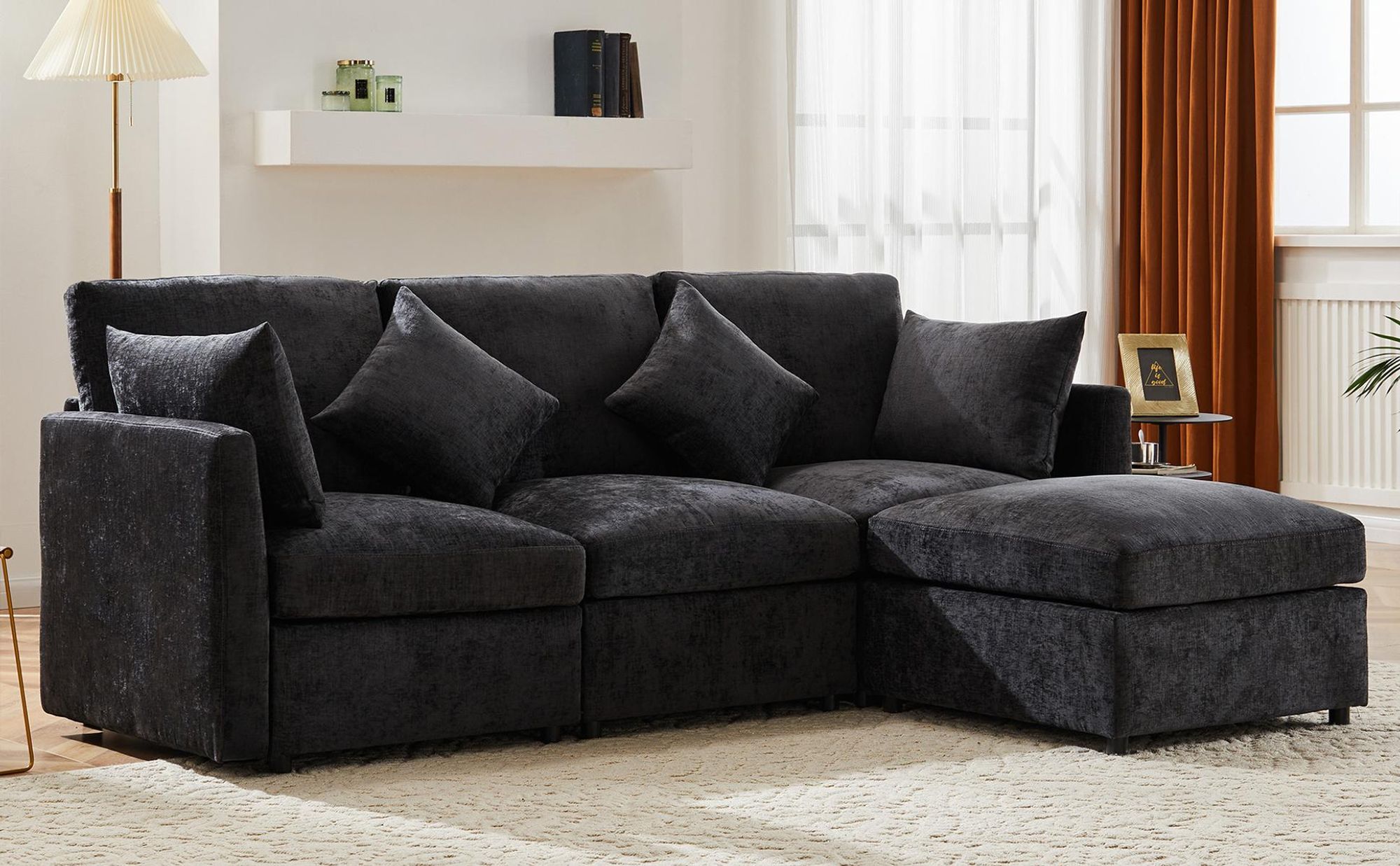 Merax Ecksofa, L-Form Sofa mit Schlaffunktion, 3-4 Sitzer Couch Soffa mit 4 Kissen, Wohnzimmersofa, Couchgarnitur, Chenille Stoff, Grau