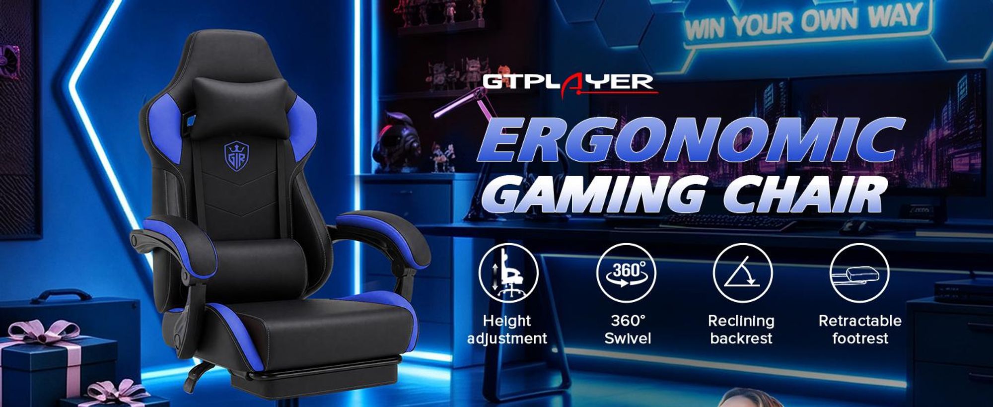 Krzesło gamingowe GTPLAYER, krzesło biurowe, fotel gamingowy z podnóżkiem, ergonomiczne krzesło dla graczy z podłokietnikami połączonymi, regulowane krzesło do biurka