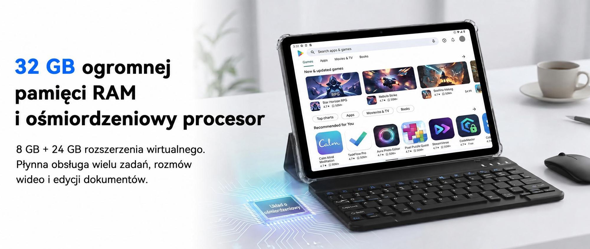 TABWEE T70, tablet 11 cali, 32 (8+24) GB pamięci, 256 GB pamięci wewnętrznej, system Android 16, bateria 8000 mAh, Bluetooth 5.0, rozpoznawanie twarzy, certyfikat Widevine L1, certyfikat Rheinland. W zestawie: klawiatura, mysz, rysik