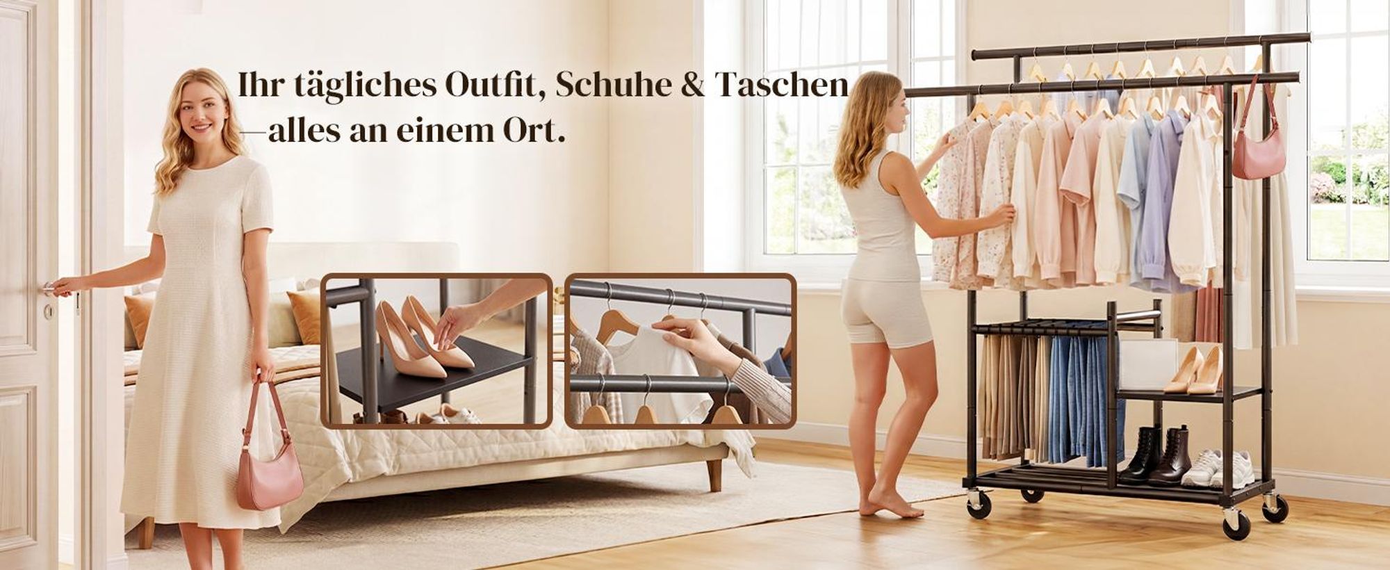 HOKEEPER Kleiderständer mit Doppelstangen, Holzablage, 180 kg Tragkraft
