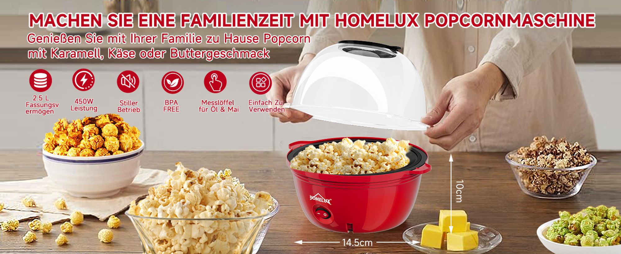 HOMELUX Popcornmaschine Popcorn Maker 450W Mini Popcorn Maschine inkl. Messlöffel Antihaftbeschichtung Gesunder Snack Popper Ohne Fett Öl Für Zuhause