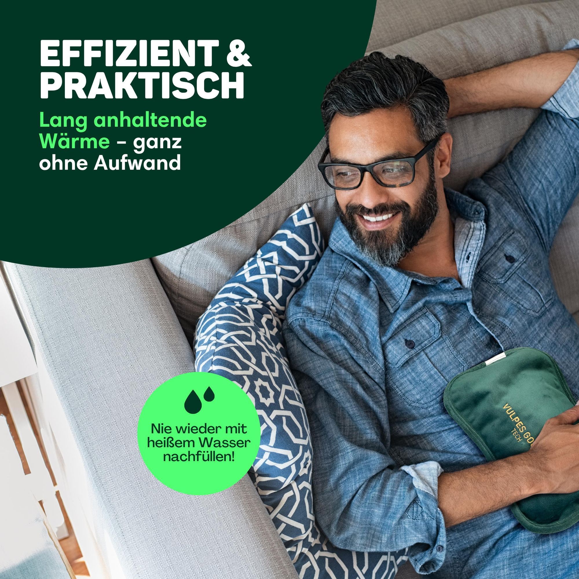 Vulpes Goods Elektrische Wärmflasche, Heizkissen kabellos, Rücken, Nacken & Fuß-Wärmer| Wiederaufladbar Bauchwärmer, Wärmekissen mit Digitalanzeige