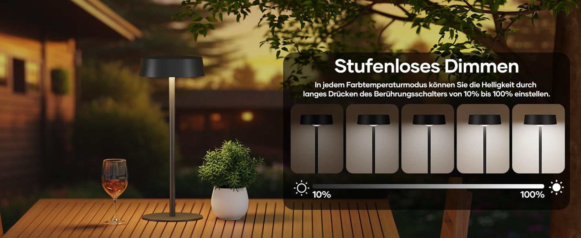 LED Tischlampe Solar Wiederaufladbar Kabellos Tischleuchte 3 Farbtemperaturen Dimmbar Touch Schalter Wasserdicht für Innen Aussen, Schwarz