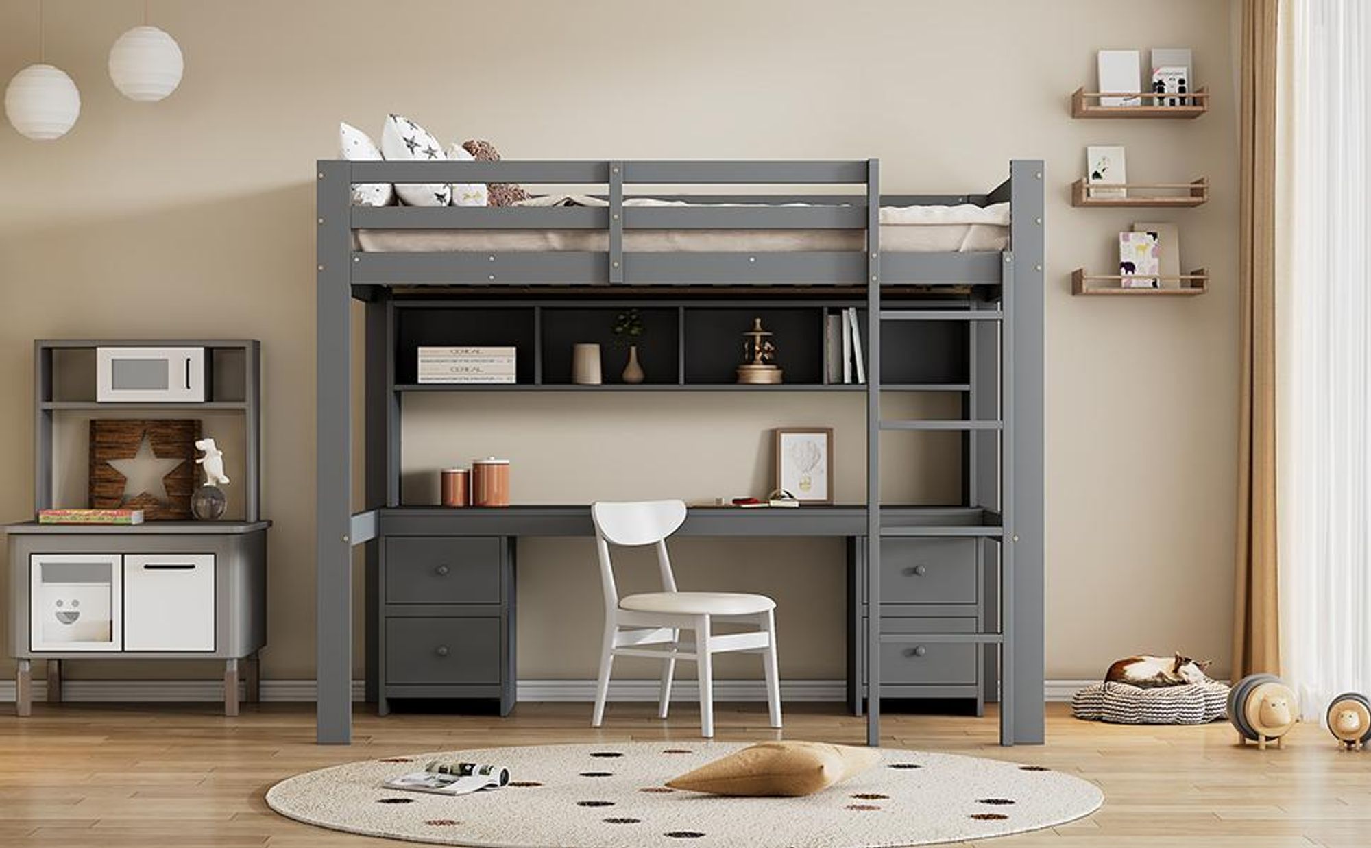 Merax Etagenbett 90x200cm, Hochbett mit Schreibtisch und Regalen, Kinderbett mit Lattenrost und 4 Schubladen, Massivholz Jugendbett Stockbett, Grau