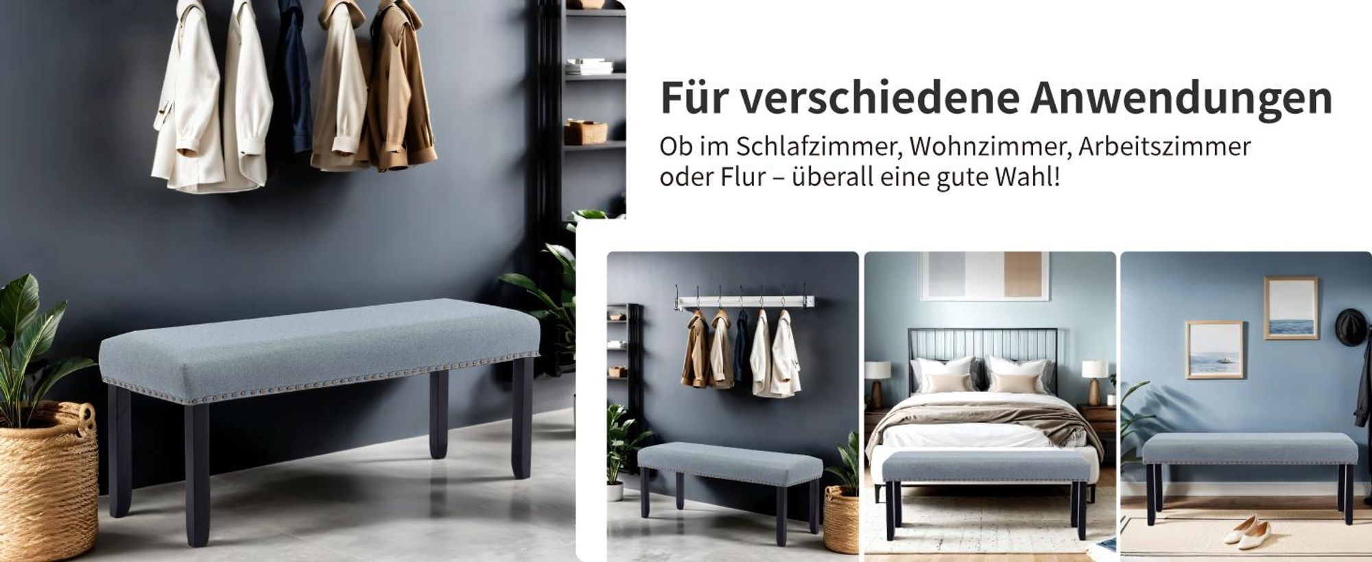 Duhome Sitzbank Flur, Gepolstert Polsterbank mit Leinenbezug Schminkbank Bettbank Fußhocker mit Holzbeine für Esszimmer Wohnzimmer, Grün-Grau