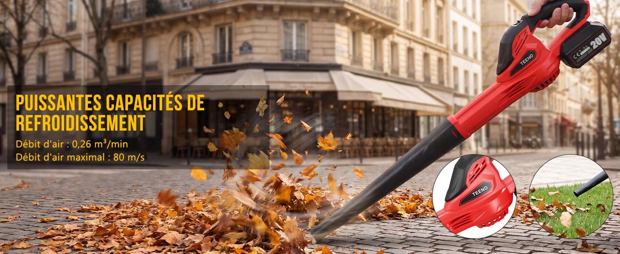 TEENO Souffleur de Feuilles sans Fil 20V - 80 m/s (288 km/h) Haute Vitesse, Batterie 3.0Ah Incluse, Léger 2.45 kg, Poignée Antidérapante pour Jardin