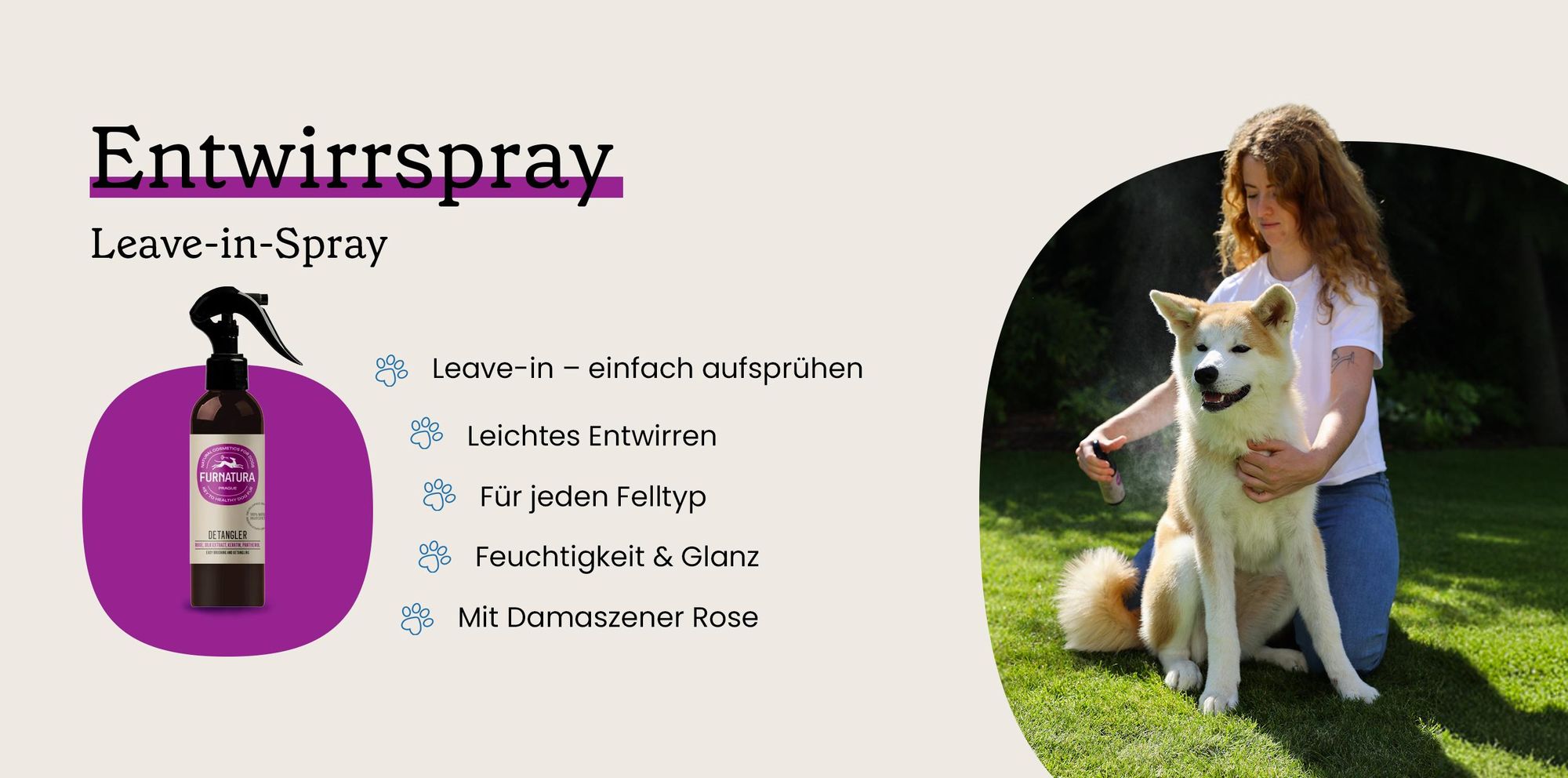 Leave-in-Conditioner und Entfilzer für Hunde mit Rosenwasser und Keratin.