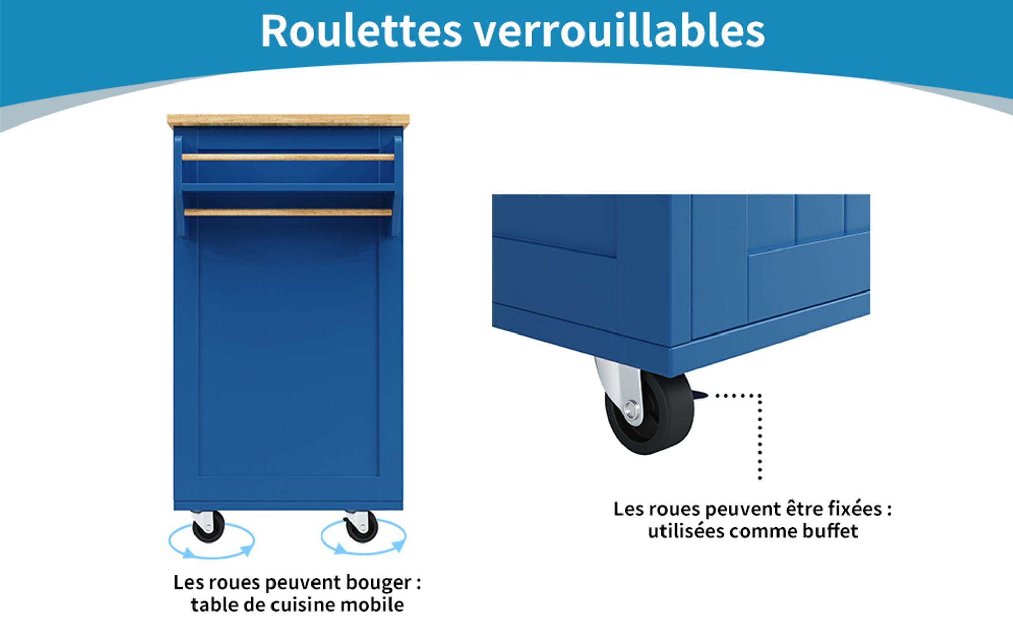 Flieks Servierwagen mit Weinkühler, Moderne Kücheninsel, Küchentrolley Küchenschrank, Speisewagen mit Schubladen und Handtuchhalter, Blau
