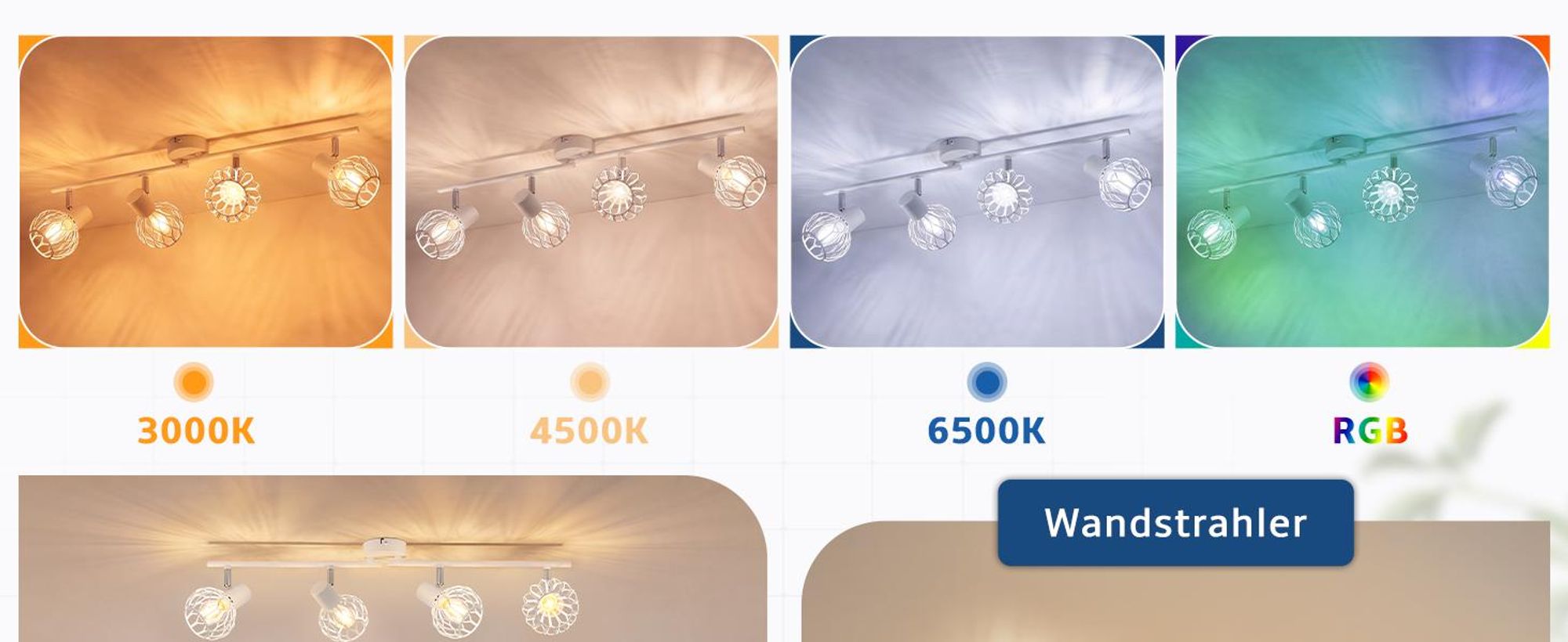 ZMH Lámpara de techo LED, 4 luces, blanca, casquillo E14, metal. Lámpara de techo giratoria de 350°, ideal para salones. Focos de techo para interiores, lámpara de techo para cocina