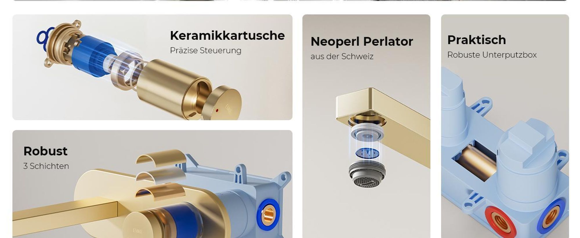 EMKE Wasserhahn Badarmatur 288x210x70mm Einhebel Mischbatterie, Warm und Kalt Waschbecken Armatur, Wandmontiert Waschtischarmatur - Champagner-Gold