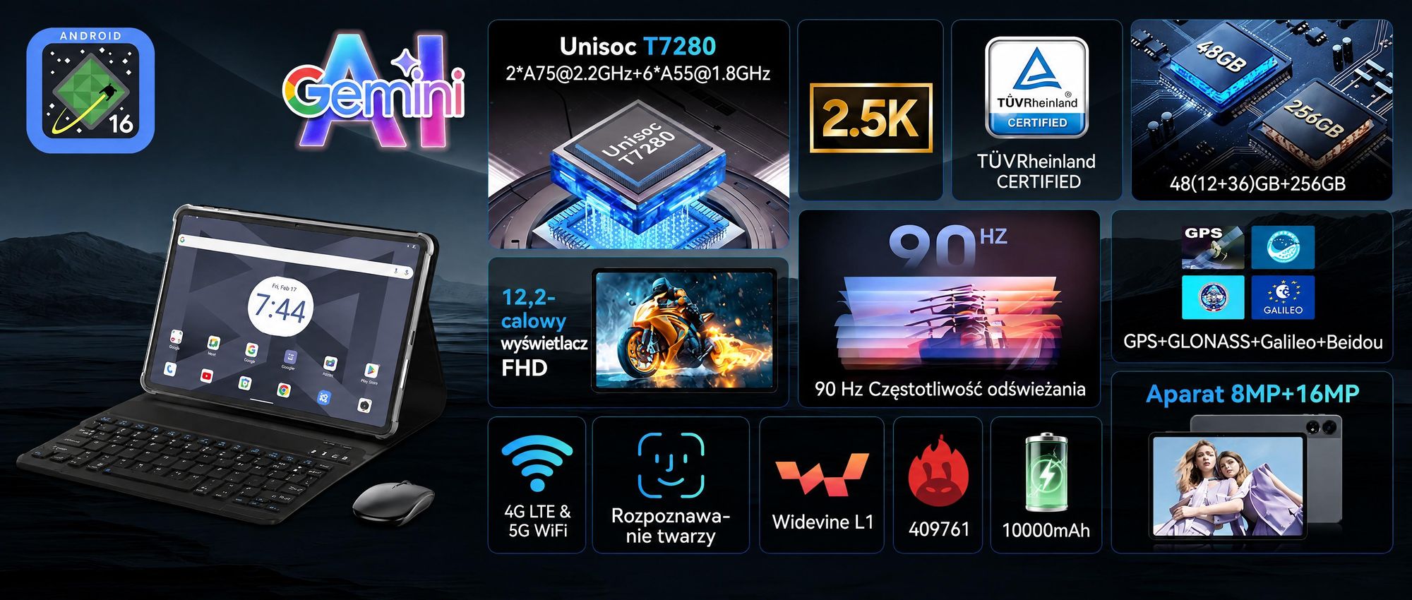 Tablet T60 z systemem Android 16, wyświetlacz 12,2" o rozdzielczości 2,5K, 48 GB pamięci RAM + 256 GB pamięci ROM + możliwość rozbudowy do 2 TB za pomocą karty TF, procesor Octa-Core, bateria 10 000 mAh i sztuczna inteligencja Gemini