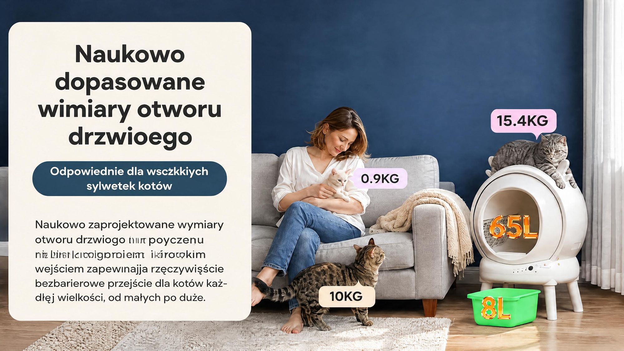 Automatyczna toaleta dla kota XXL, sterowana aplikacją, przeznaczona dla dużych kotów lub domów z wieloma kotami, wyposażona w 9 czujników zapobiegających zacięciom, o minimalnym zapachu i cichym działaniem