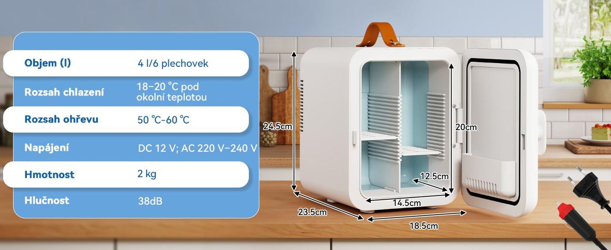 Puluomis Mini lednička o objemu 4 litry s funkcí chlazení i ohřevu, rozsah teplot 5°C až 60°C, napájení 220-240V/12V, provozní hlučnost ≤38dB, přenosná lednička/ohřívač vhodná pro kosmetiku, nápoje, do auta