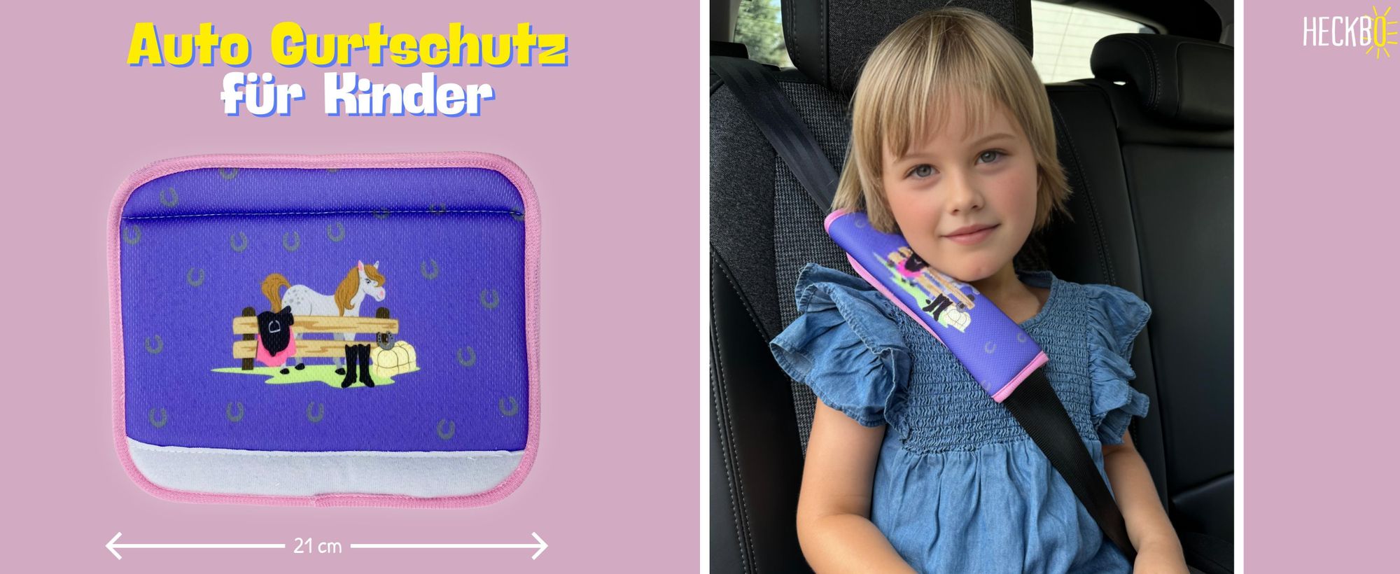HECKBO® 2x Auto Gurtschutz mit niedlichen Pferd Pony Bauernhof Motiv - Sicherheitsgurt Schulterpolster Gurtschoner Autositze Gurtpolster für Kinder, Mädchen - Schutz vor Gurt Einschneiden