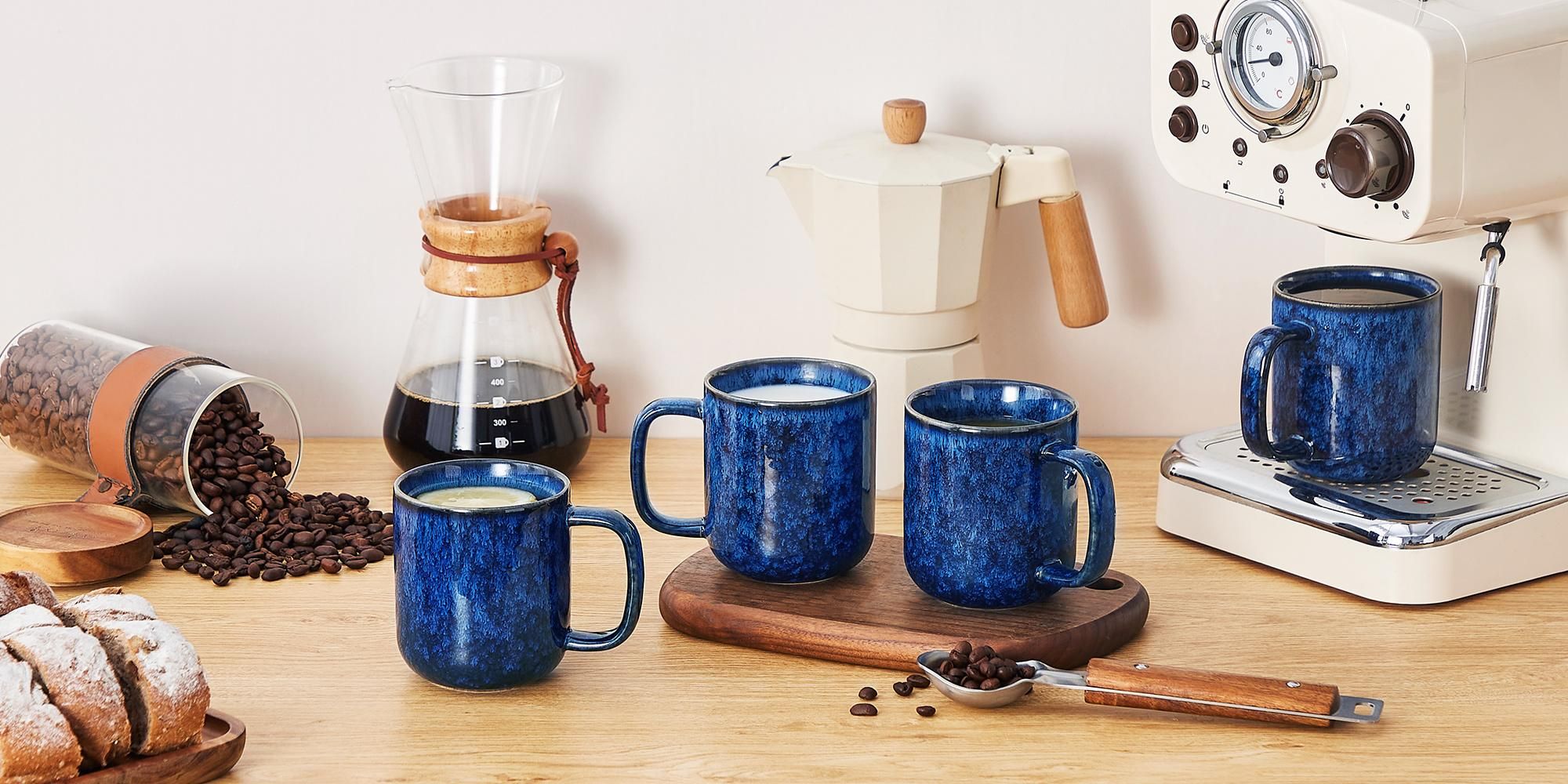 VANCASSO Becher Set, 4-tlg Steingut Tassen, 360ml Trinkbecher, Kaffeebecher mit Henkel, Blau