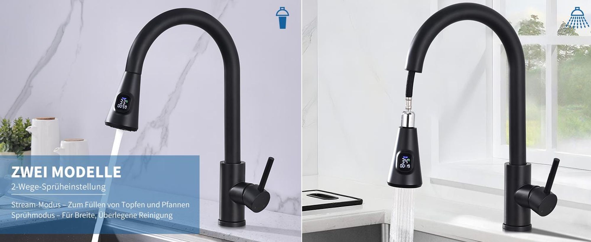 Homelody Wasserhahn Küche mit 2 Strahlarten,360° Drehbar Küchenarmatur,Edelstahl Spültischarmatur,Hochdruck Armatur,Mischbatterie Küche Schwarz