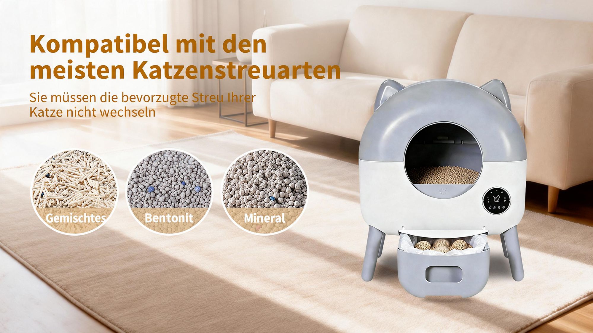 Selbstreinigende Katzentoilette 76L XXL Katzenklo mit App-Steuerung, für mehrere Katzen, 8-fach Anti-Klemm-Sensoren, geruchsarm, leise, LED-Nachtlicht