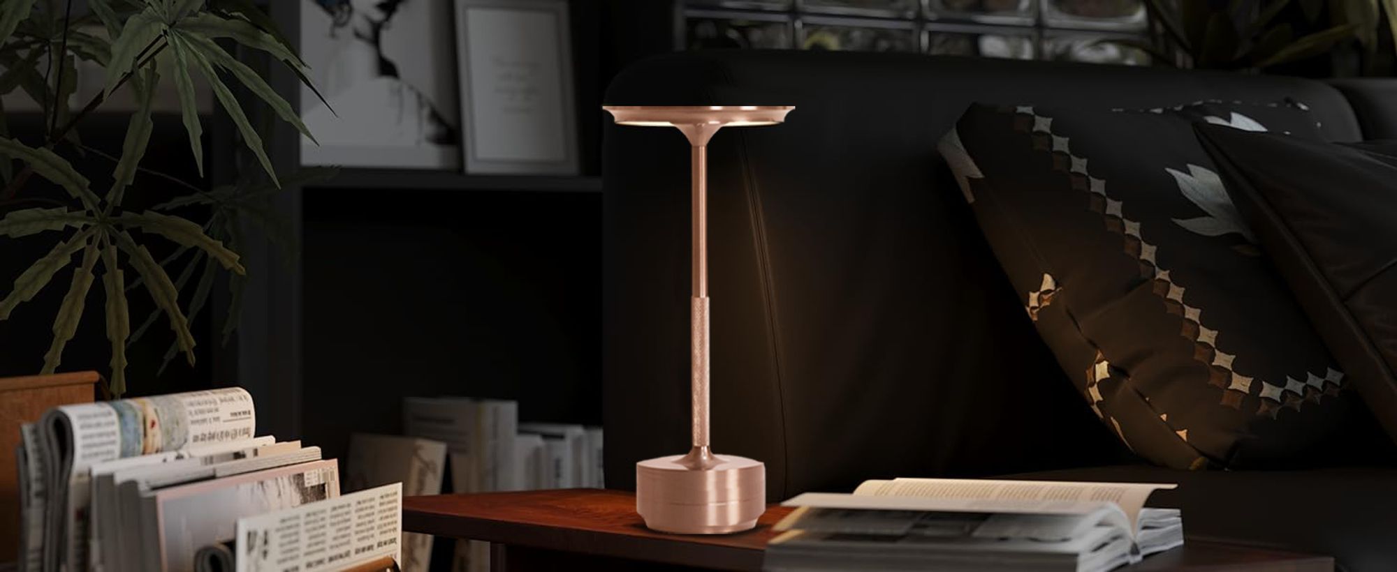 Kabellose dimmbare LED Akku Tischleuchte Touch Tischlampe Lampe Wohnzimmer Nachttischlampen Dreifarbiges Licht Roségold