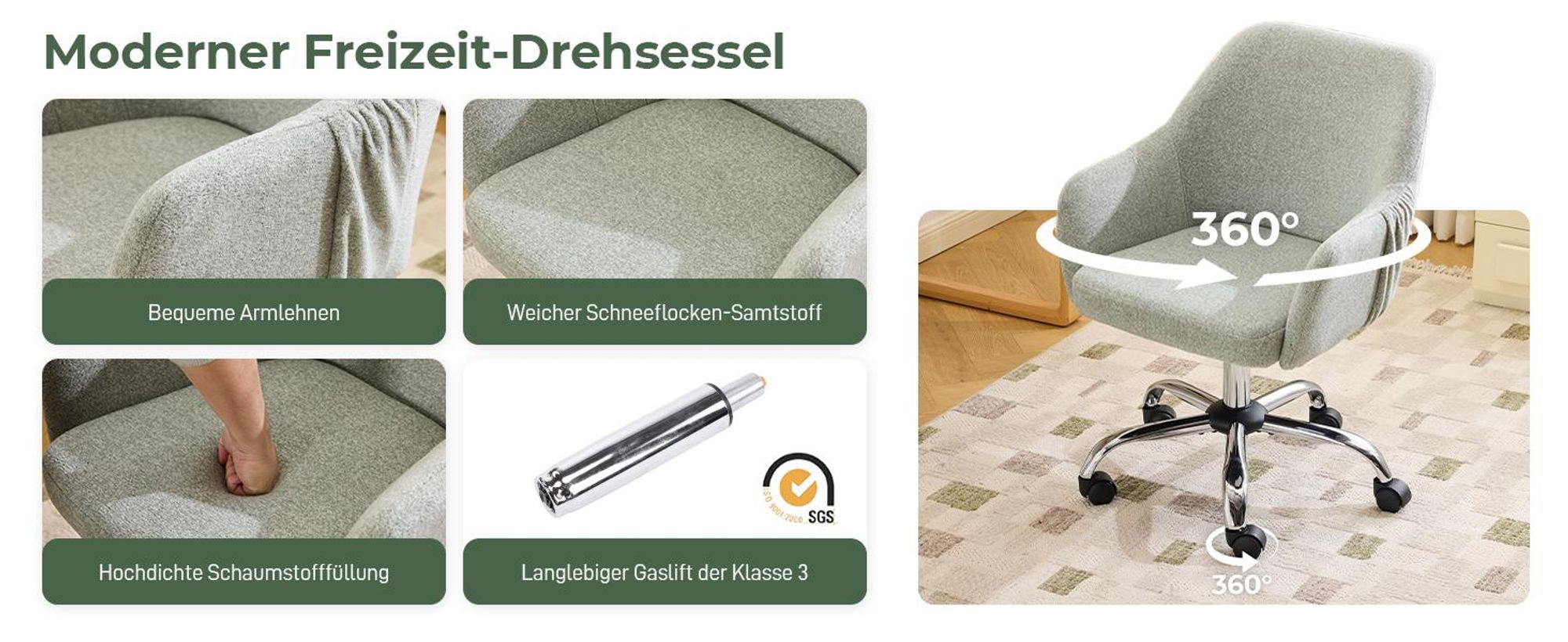 Schreibtischstuhl mit Armlehnen, Drehstuhl mit Rollen, Polsterstuhl,Hellblau-Grün