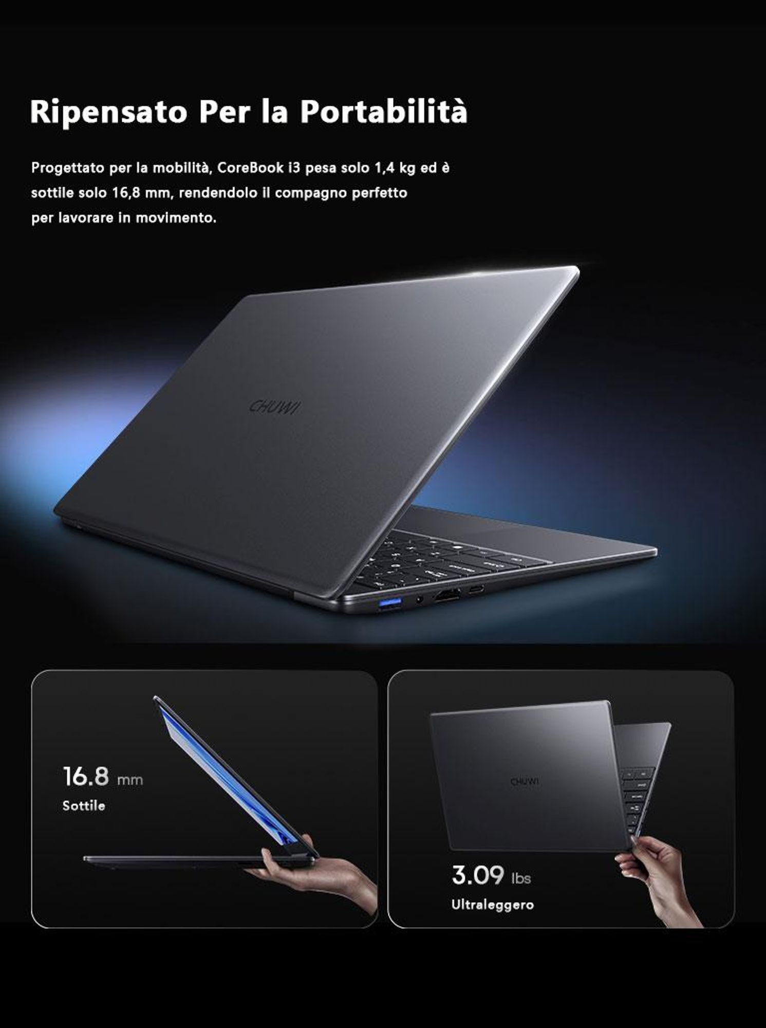 Portatile CHUWI CoreBook-K1 con processore i3-10100Y, schermo IPS FHD da 14", 8 GB di RAM, SSD da 256 GB, Bluetooth e Windows 11