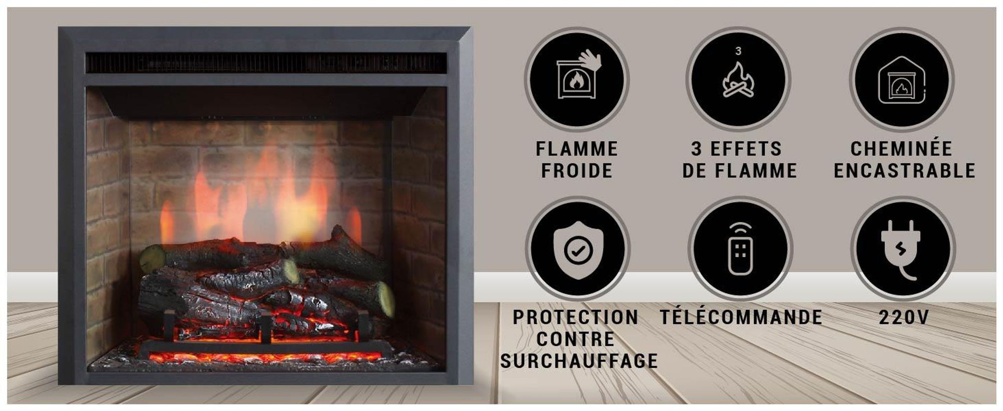 Cheminée électrique encastrable BALDERIA Calida 23 – Puissance de chauffage jusqu'à 2 000 W, noire