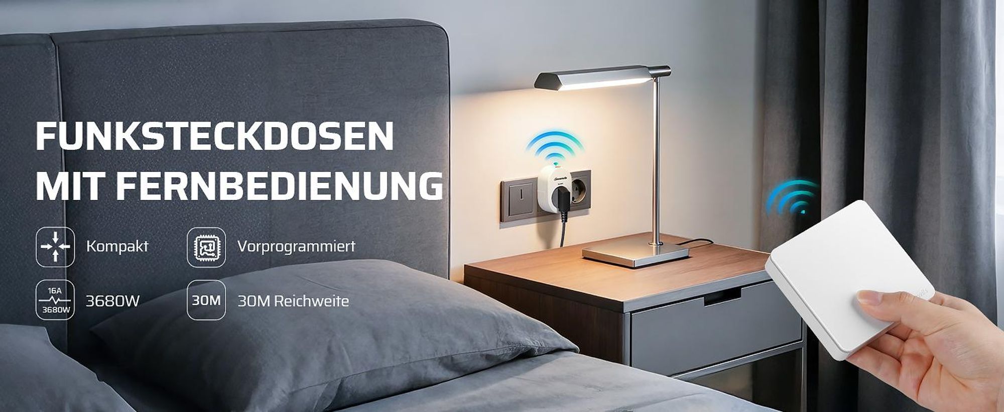 DEWENWILS Funksteckdosen mit Fernbedienung, Funkschalter Steckdose, 16A 3680W,30M Reichweite