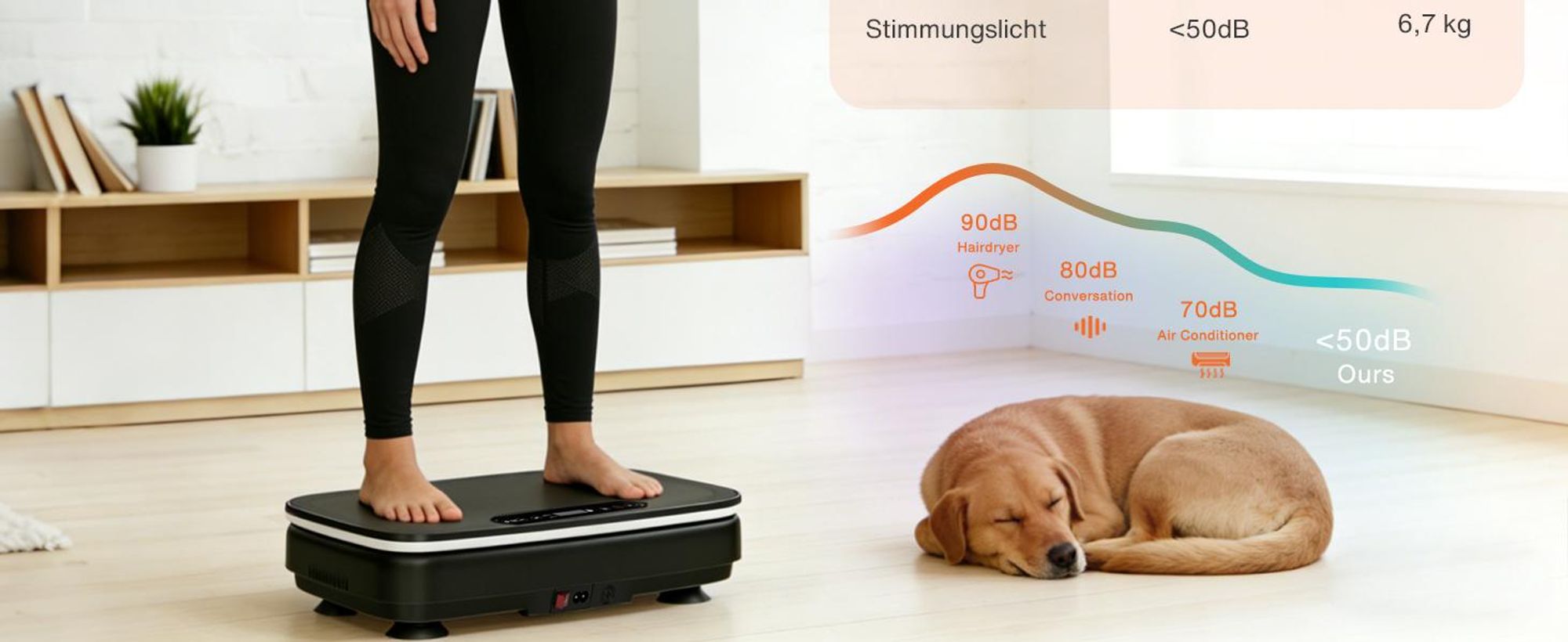 DH FitLife Vibrationsplatte für Zuhause, 0–99 Stufen, 9 Auto-Programme, leise mit Saugnäpfen, Bluetooth Lautsprecher, inkl. Zugbänder, 150kg