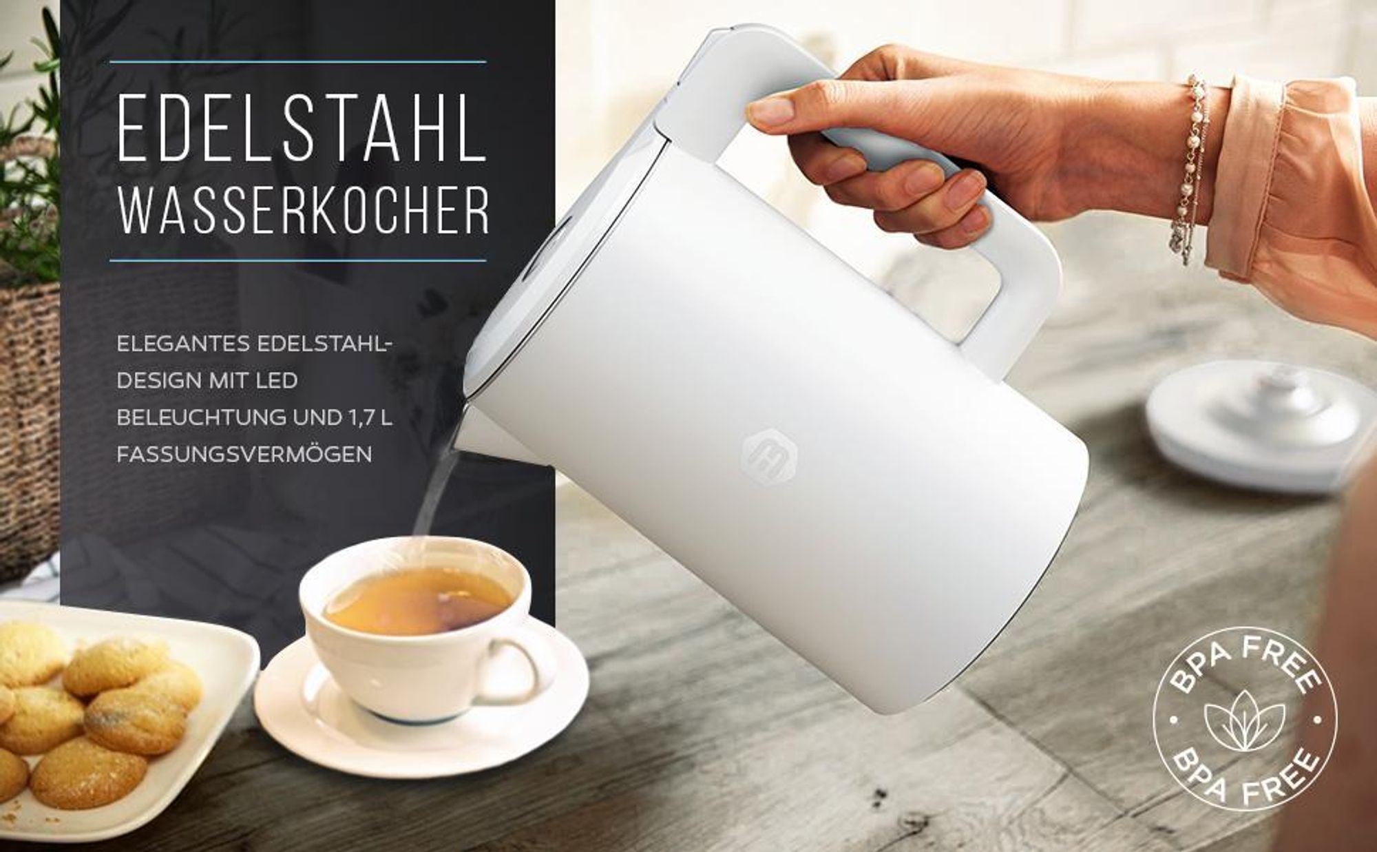 Balter Wasserkocher Edelstahl 1,7L, 2200W, BPA-frei, LED-Beleuchtung, Doppelwand, Teekessel mit Abschaltautomatik, Trockenlaufschutz, Weiß