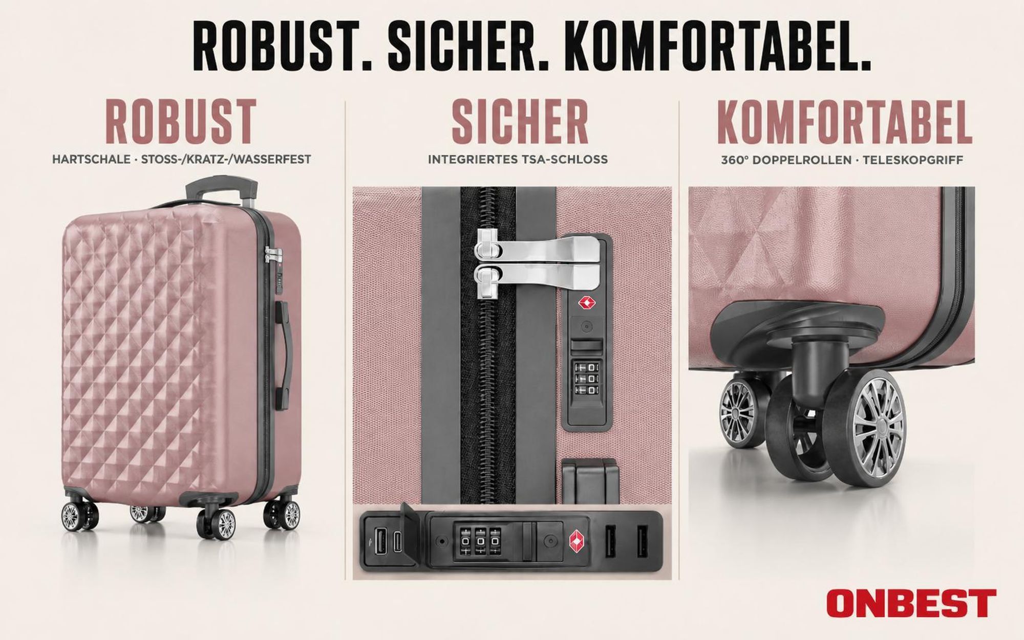 ONBEST Hartschalen Koffer Set | 4-teilig | Rose Gold | mit TSA-Schloss | USB-Anschluss | viel Zubehör | 360° Doppelrollen