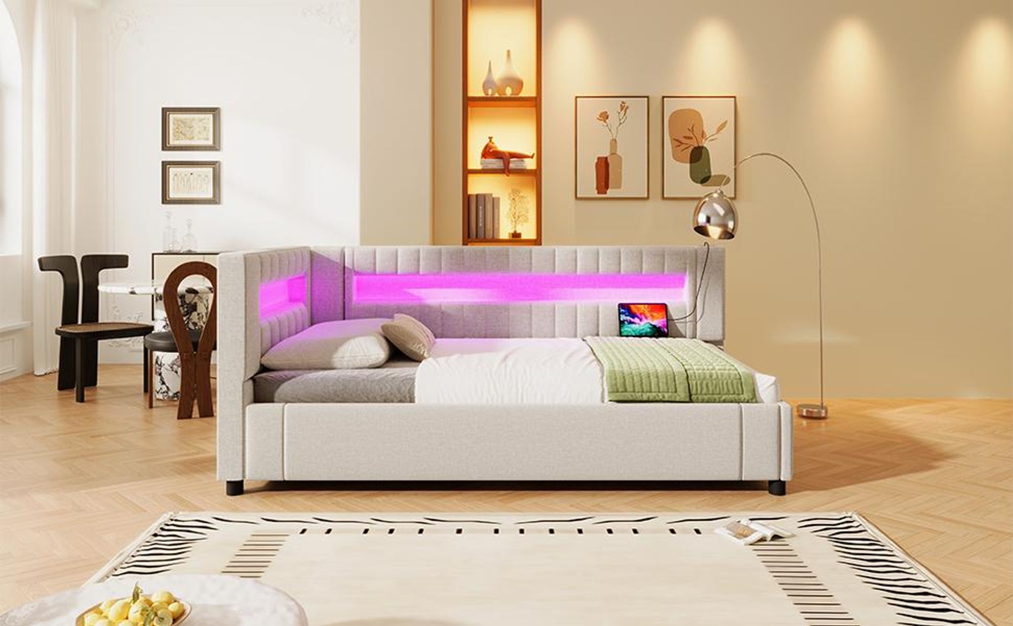 Merax Tagesbett Daybett 90x200 cm, hydraulischer Stauraum, LED-Lichtleiste mit Fernbedienung, Kopfteil mit USB & Type-C, Schlafsofa, Daybett, Beige