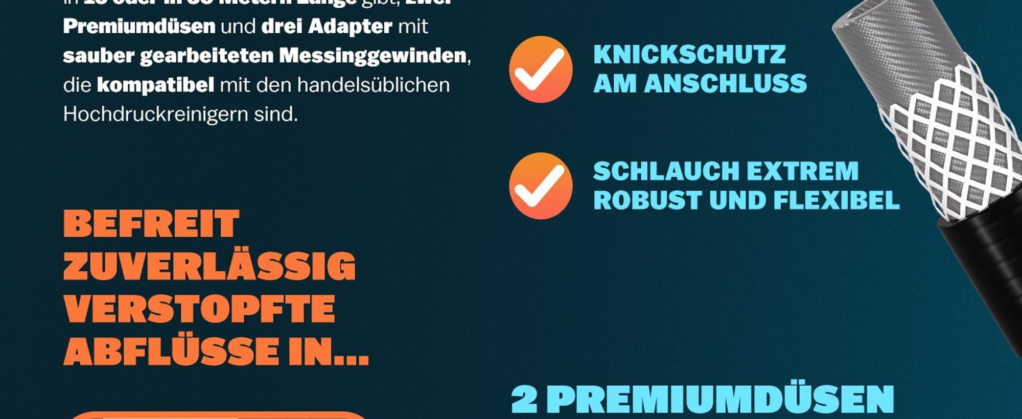 MONZANA® Rohrreinigungsschlauch Premium Set 30m 200bar inkl. 3 Adapter 2 Düsen Kärcher K2 K3 K4 K5 K6 K7 Hochdruckreiniger Universal Rohrreinigungsset