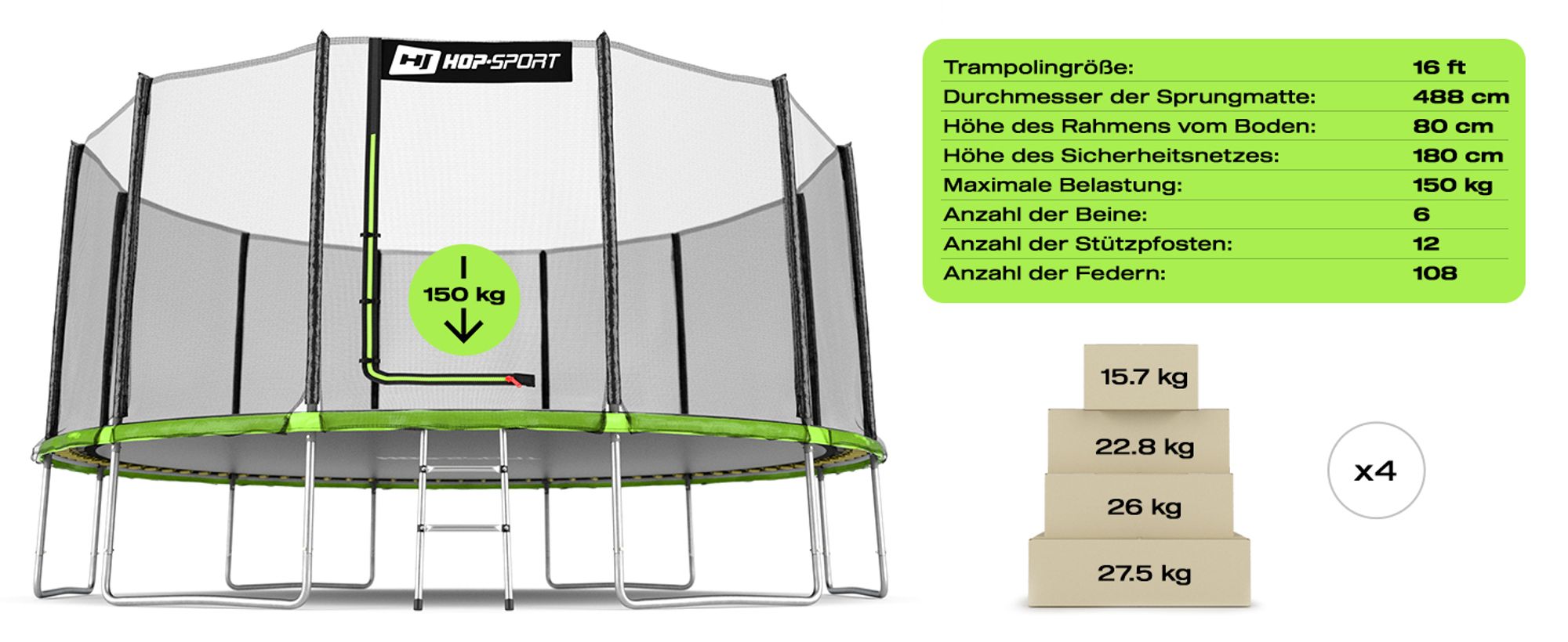 Technische Daten Trampolin Outdoor Gartentrampolin 488cm 16FT Hop-Sport