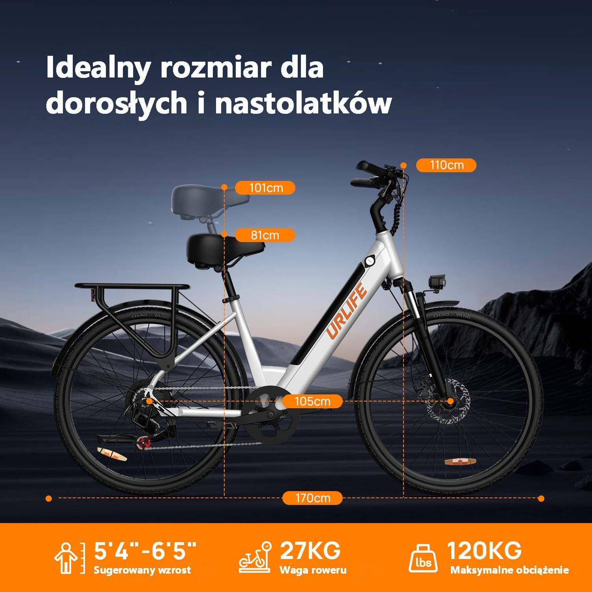 Rower Elektryczny URLIFE E26 - silnik 250 W akumulator 48V10.4Ah opony 26 cali hamulce tarczowe - Czarny
