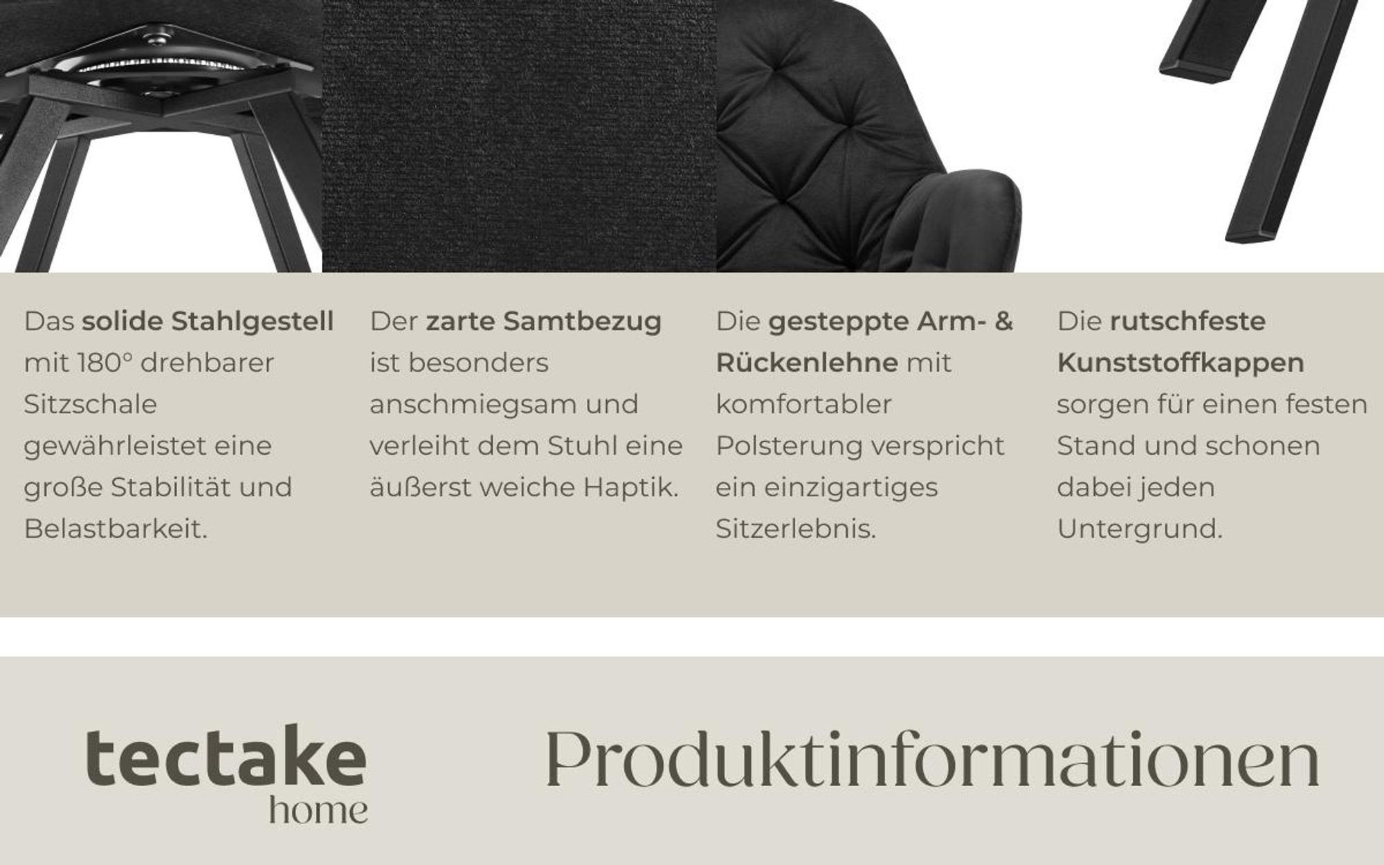 tectake® Drehbarer Samt-Armlehnstuhl Lucia gepolstert, mit Steppmuster 58 x 58 x 87 cm