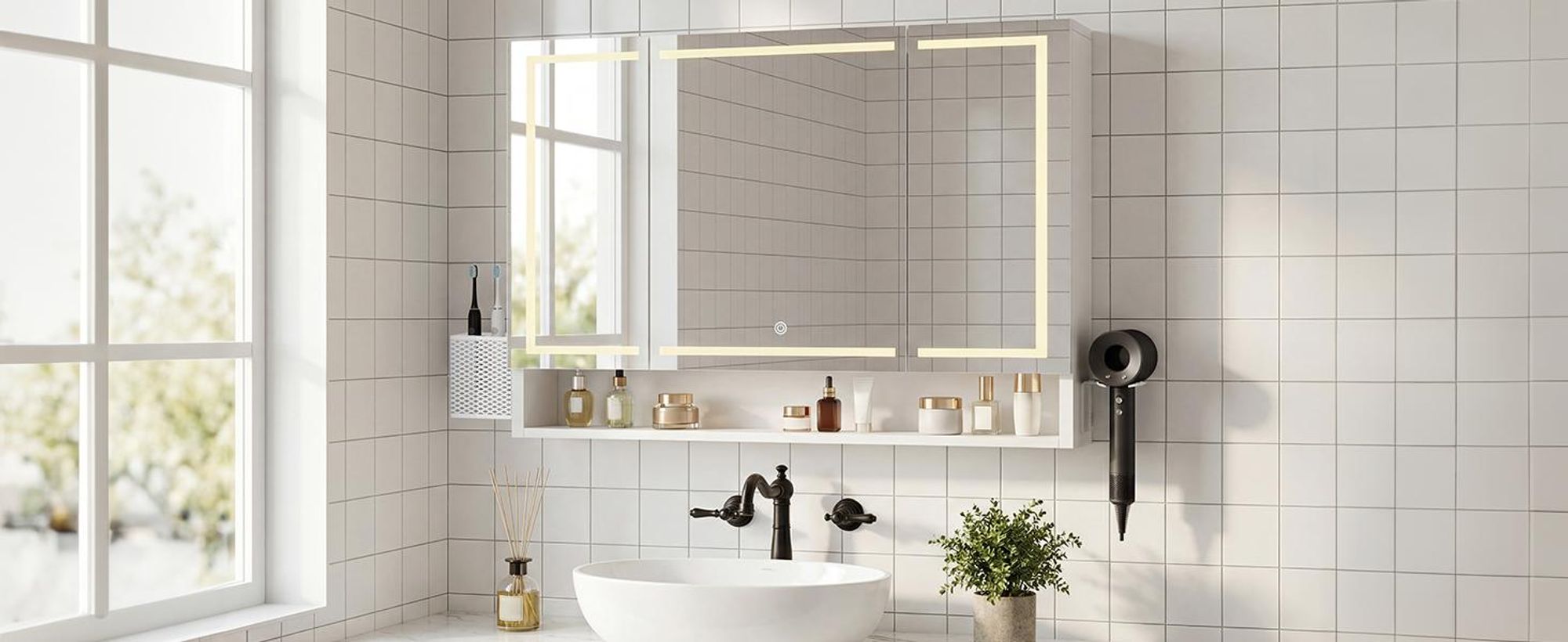 YITAHOME Spiegelschrank Bad mit LED, 3 Türen, Steckdosen, Wandschrank Badezimmerschrank, 100 x 15 x 75 cm, Weiß