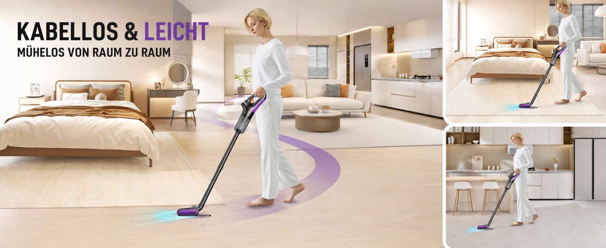 4-in-1 Akku-Staubsauger, 15.000 Pa, kabelloser Hand- und Stielstaubsauger mit LED-Anzeige & HEPA-Filter, für Hartboden, Teppich und Tierhaare, Lila